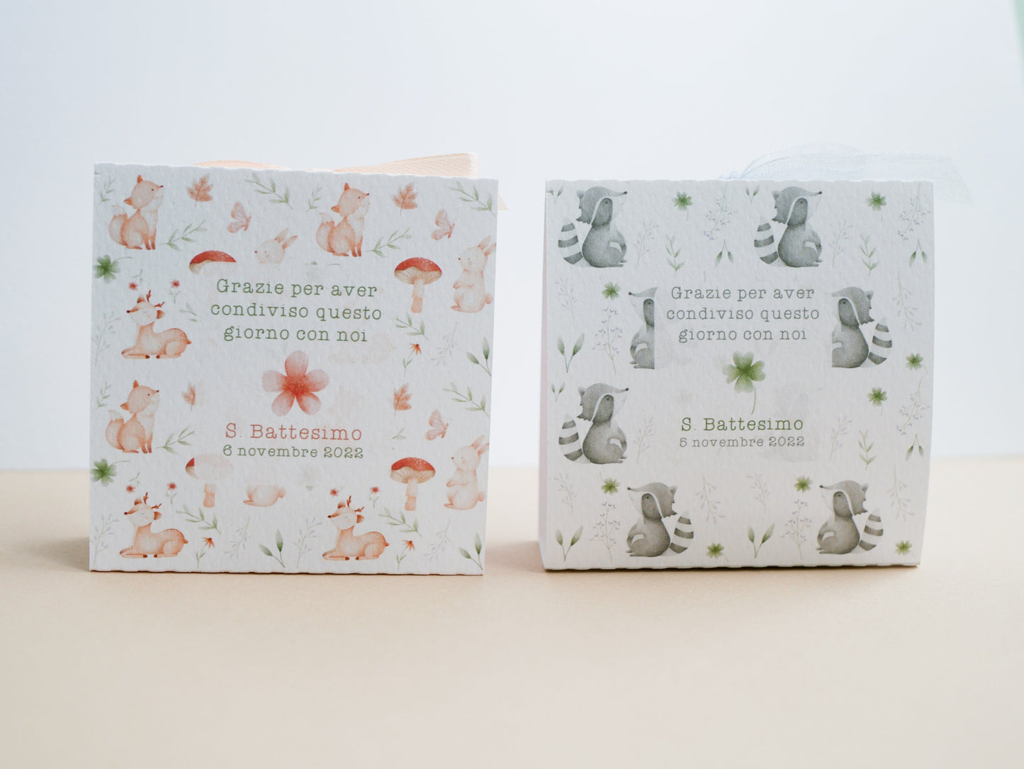 Scatolina battesimo animali del bosco, scatolina porta confetti nascita, bomboniera battesimo stile boho greenery