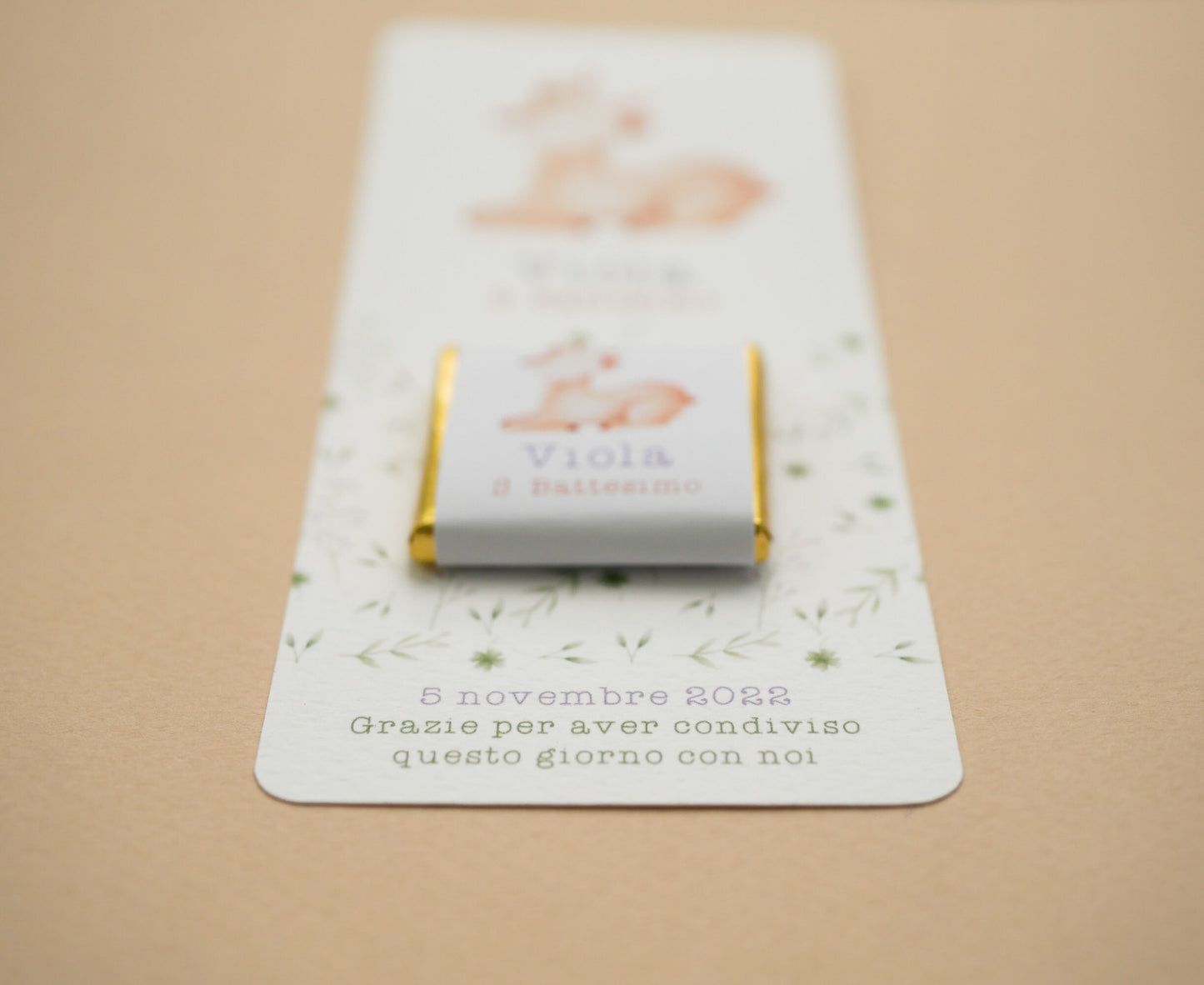 Cioccolatino personalizzato con segnalibro per Battesimo bambino con animali del bosco, segnaposto volpe, tavola Comunione, Cresima procione