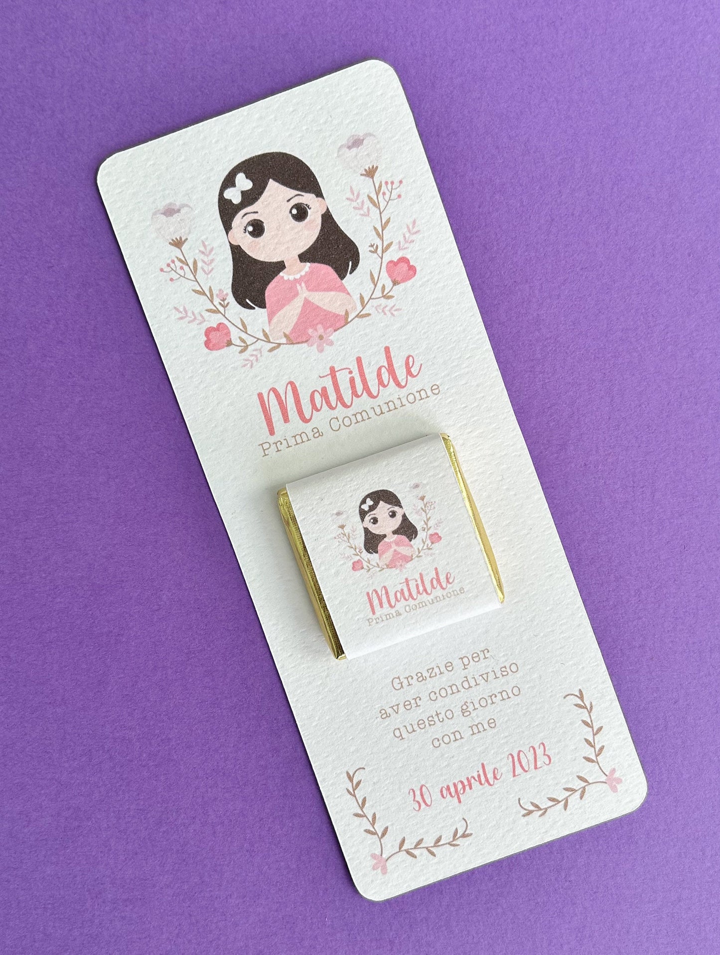 Cioccolatino personalizzato con segnalibro per Prima Comunione con ritratto personalizzato, segnaposto bambina, Cresima bambino