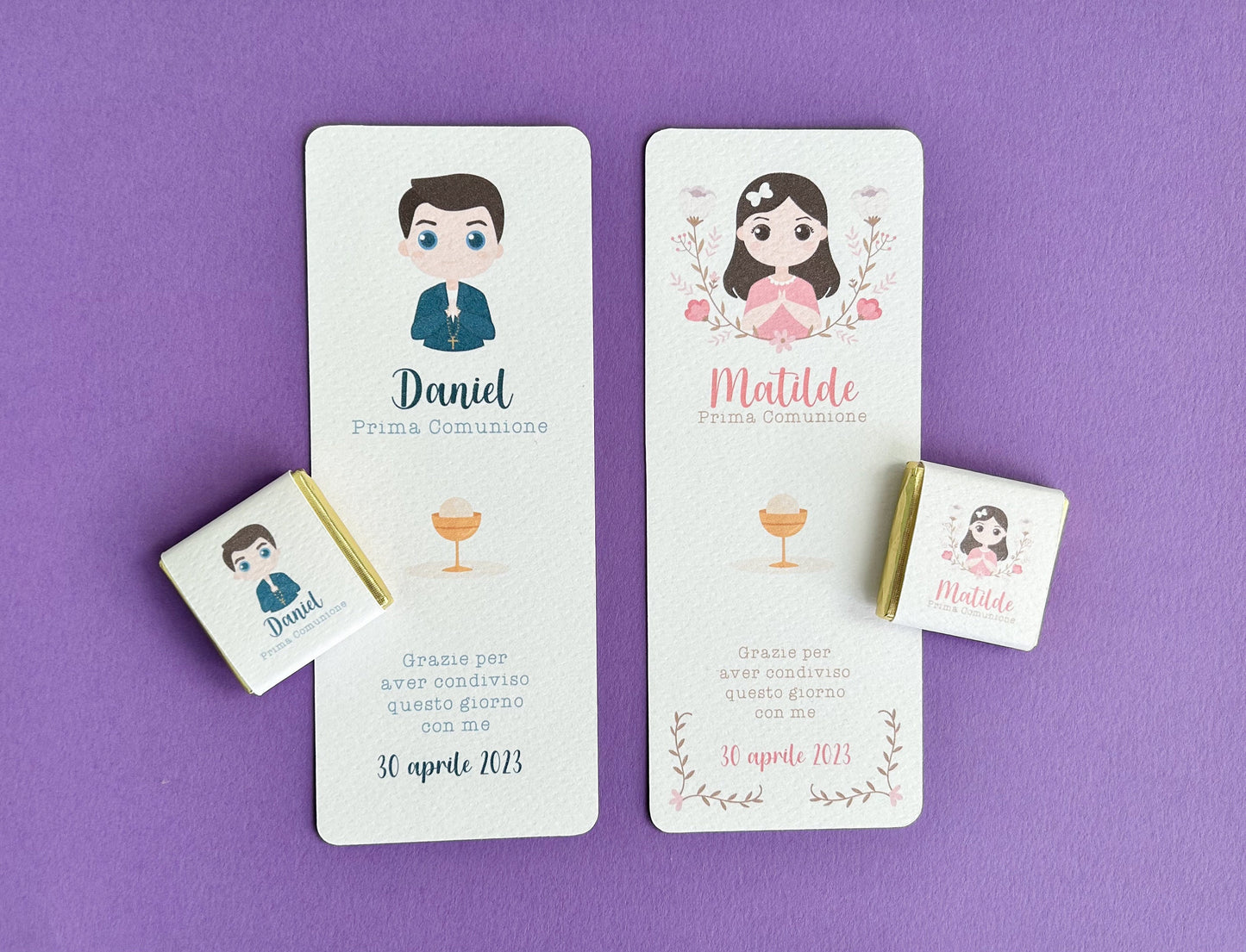 Cioccolatino personalizzato con segnalibro per Prima Comunione con ritratto personalizzato, segnaposto bambina, Cresima bambino