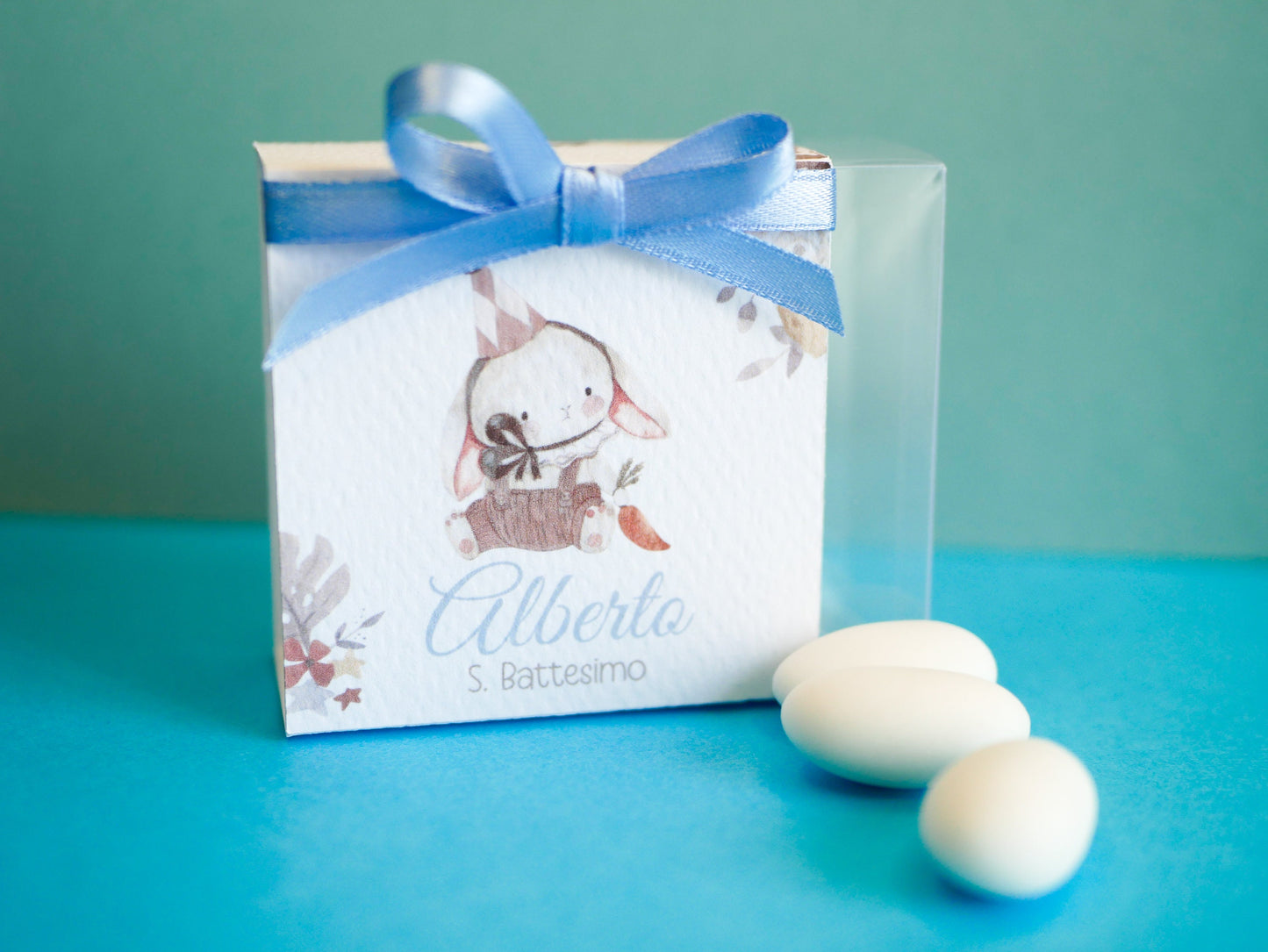 Scatolina coniglietto Battesimo personalizzata in pvc, bomboniera nascita, regalo ospiti battesimo, festa di compleanno