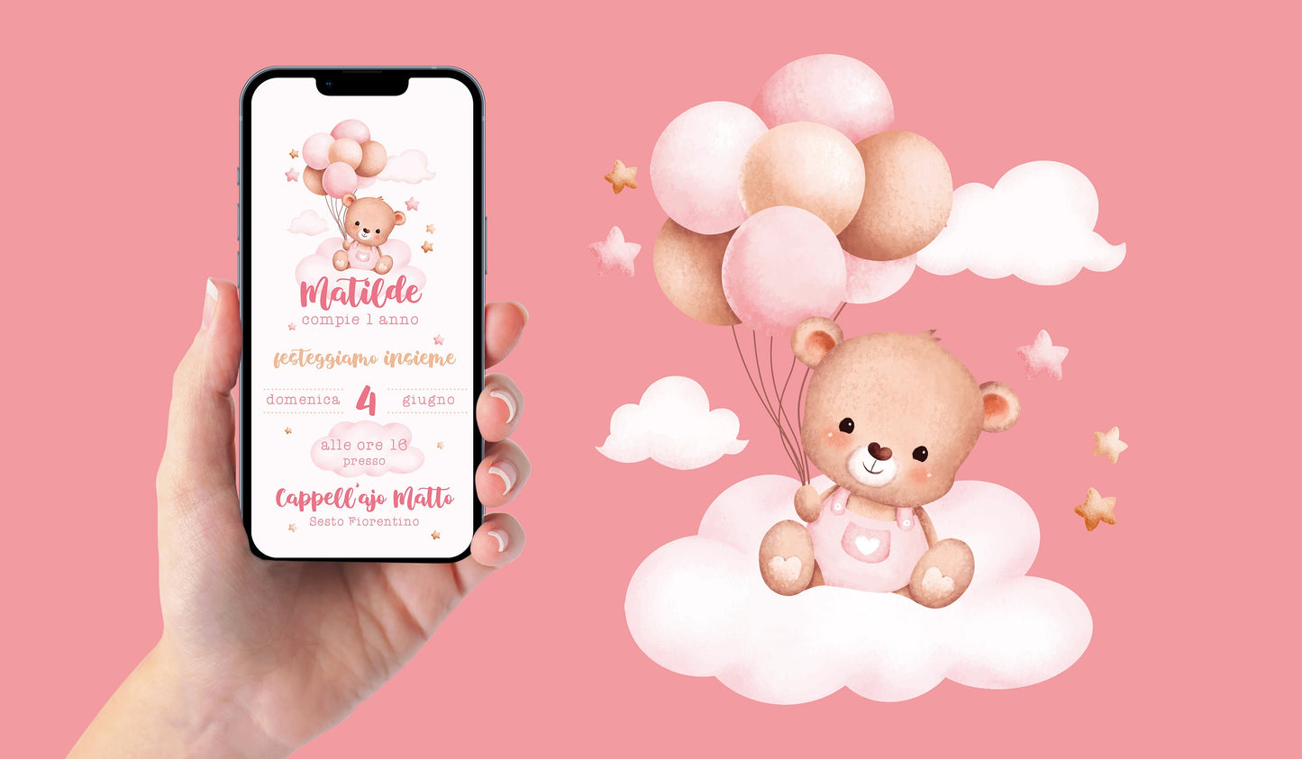 Invito WhatsApp per battesimo con orsetto bambino, invito battesimo orsetta bambina, invito digitale e-mail e per tutti i social compleanno