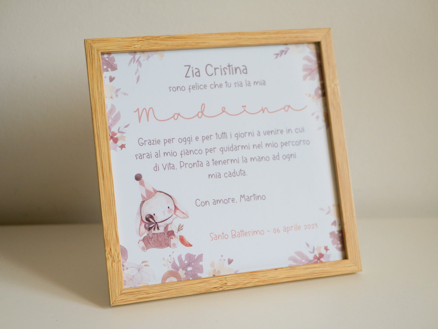 Stampa con cornice quadretto Battesimo, regalo bomboniera Madrina e Padrino in stile boho con coniglietto