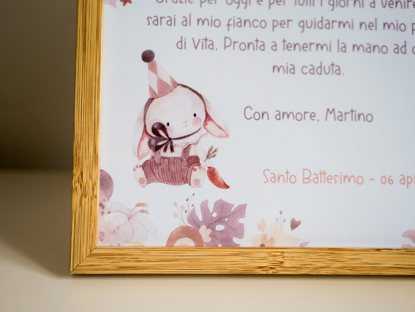 Stampa con cornice quadretto Battesimo, regalo bomboniera Madrina e Padrino in stile boho con coniglietto