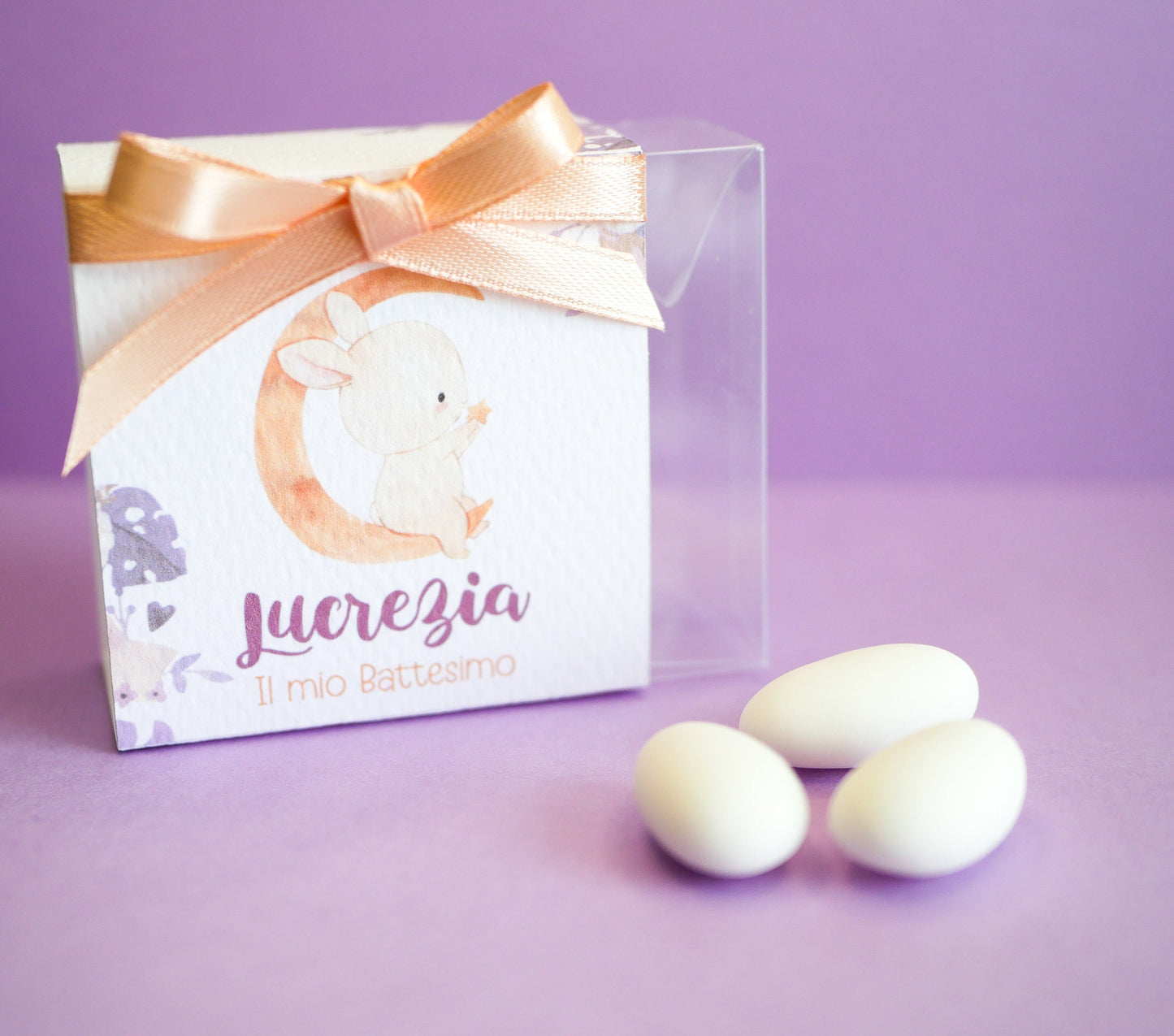 Scatolina coniglietto Battesimo personalizzata in pvc, bomboniera nascita, regalo ospiti battesimo, festa di compleanno luna