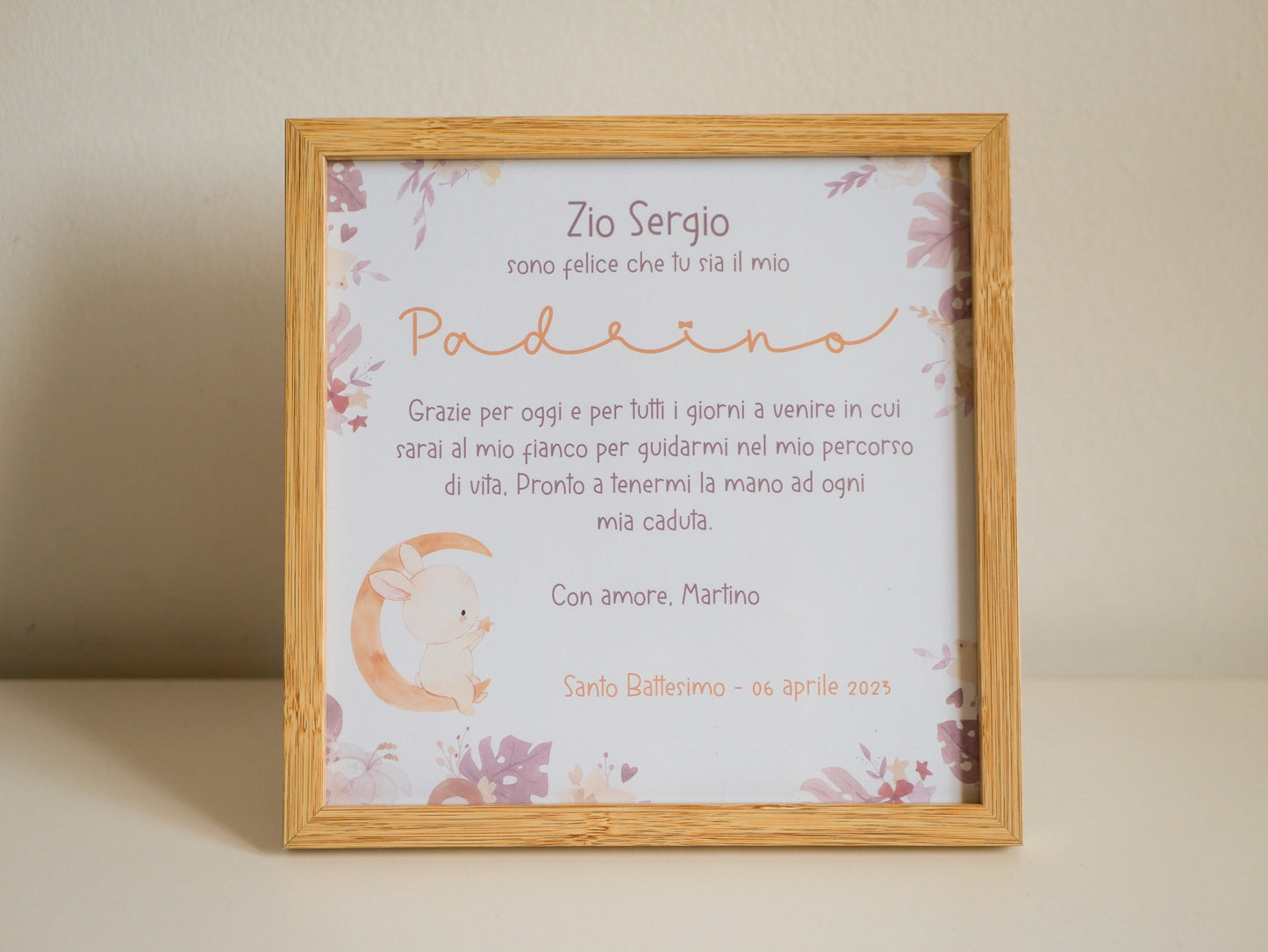 Stampa con cornice quadretto Battesimo, regalo bomboniera Madrina e Padrino in stile boho con coniglietto
