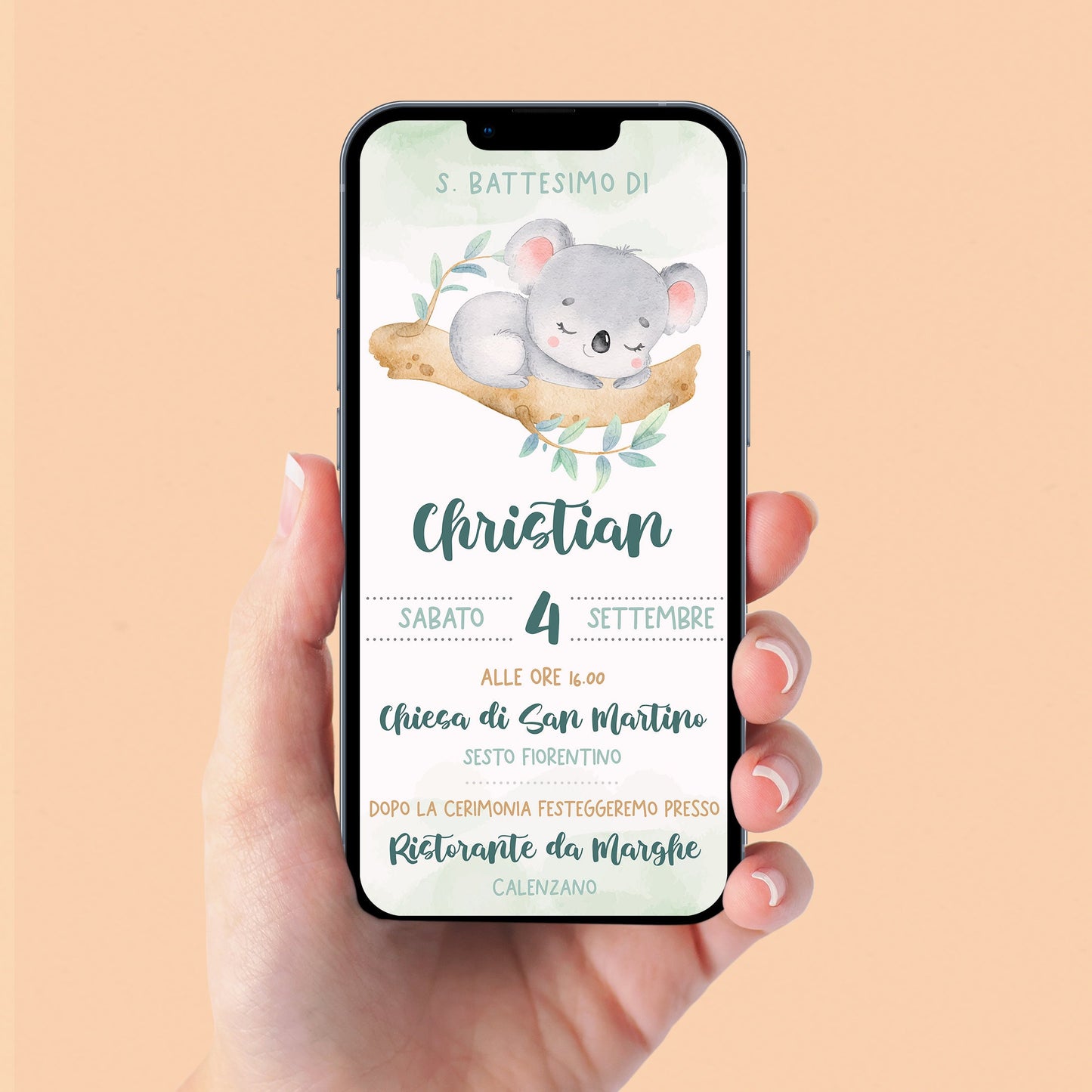 Invito WhatsApp per Battesimo con koala, invito battesimo bambino, invito digitale e-mail e per tutti i social