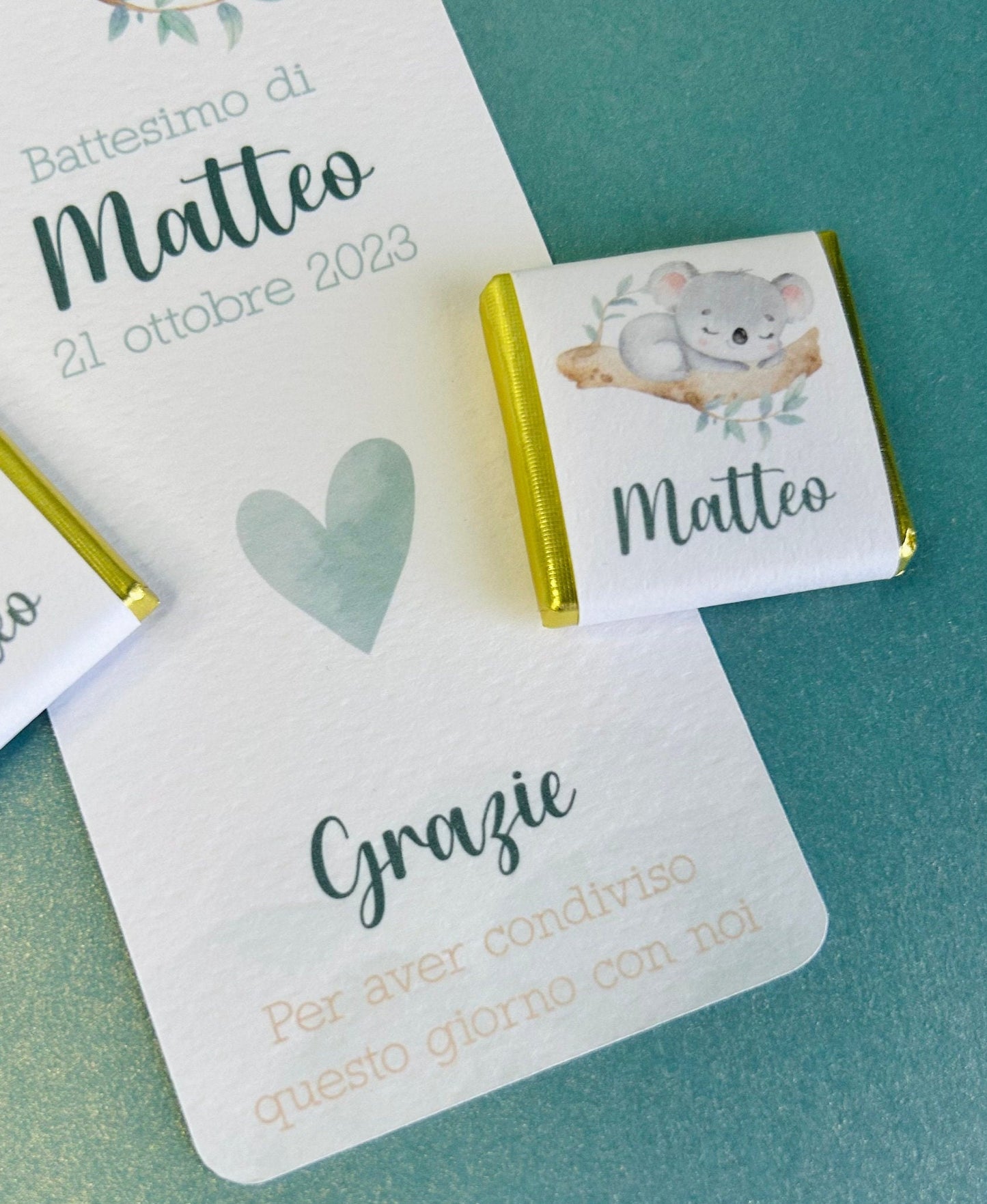 Cioccolatino personalizzato con segnalibro per Battesimo bambino con koala, segnaposto battesimo con koala, Compleanno tema koala