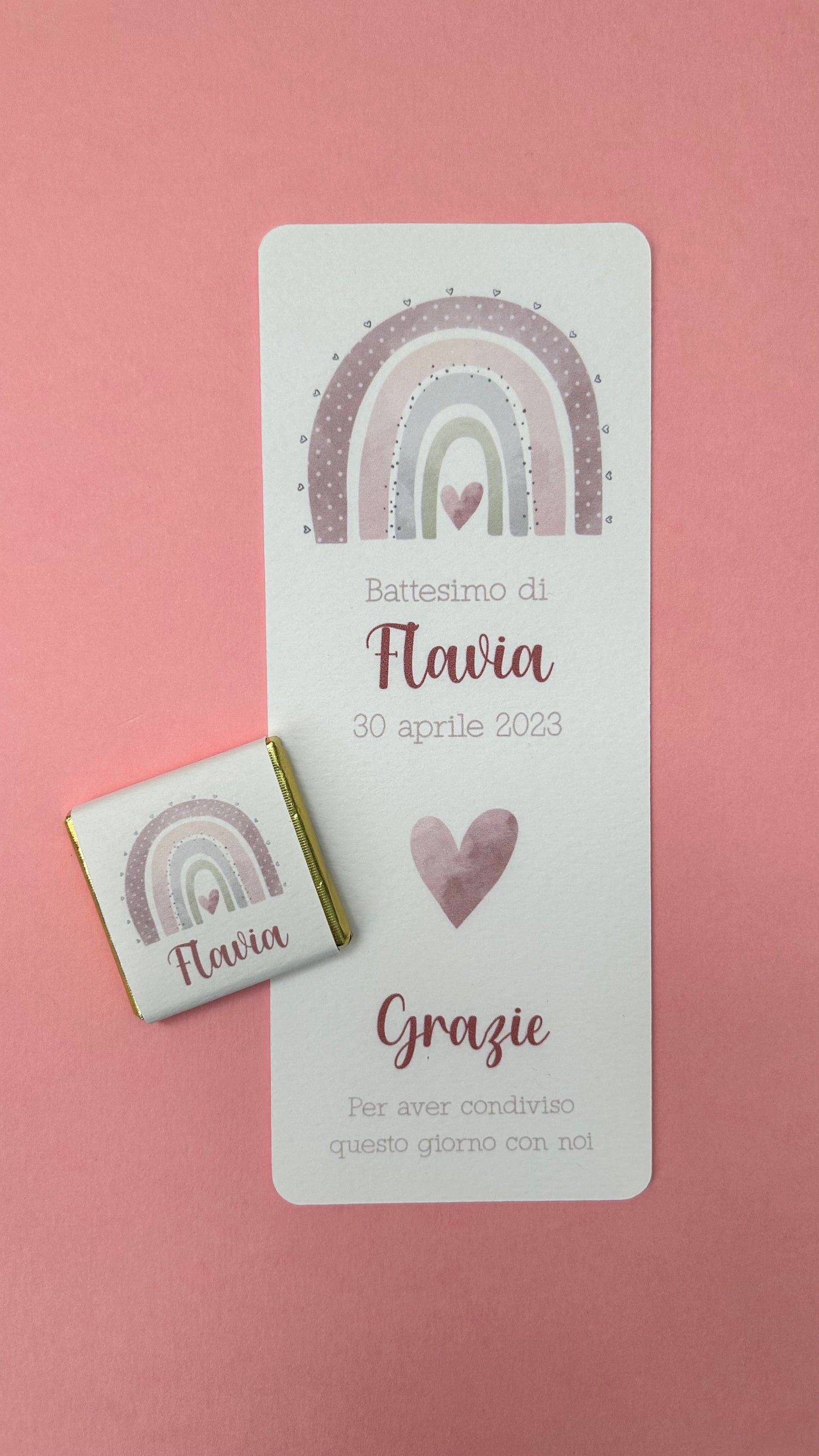 Cioccolatino personalizzato con segnalibro per Battesimo bradipo e arcobaleni, segnaposto nascita, tavola Comunione, Cresima cute sloth