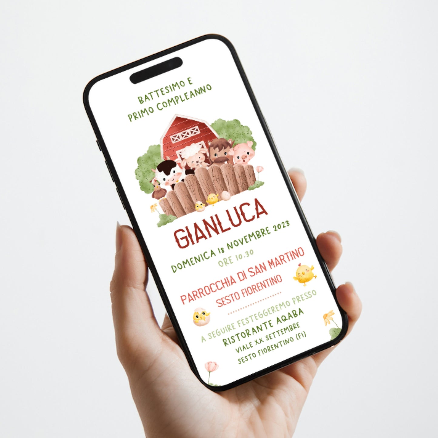 Invito WhatsApp per Battesimo tema fattoria, invito primo compleanno bambino, invito digitale e-mail e per tutti i social