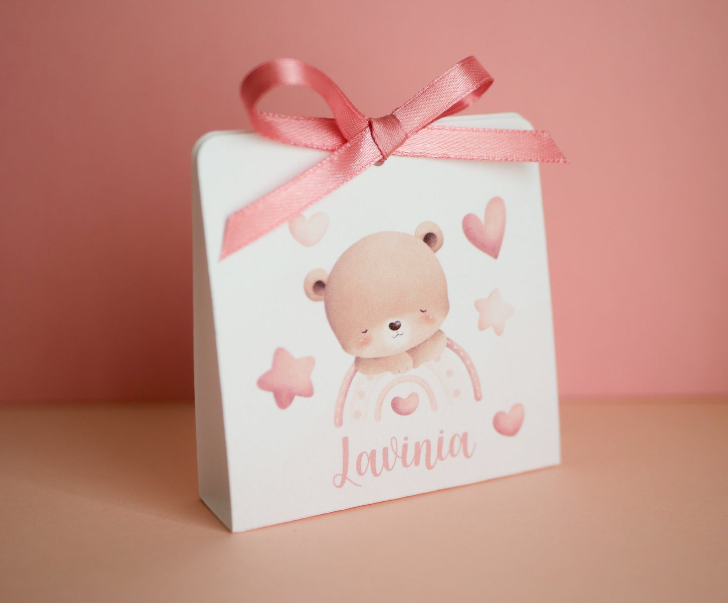 Scatolina battesimo bambina, scatolina porta confetti nascita, bomboniera battesimo bambino con orsetto e orsetta con arcobaleno