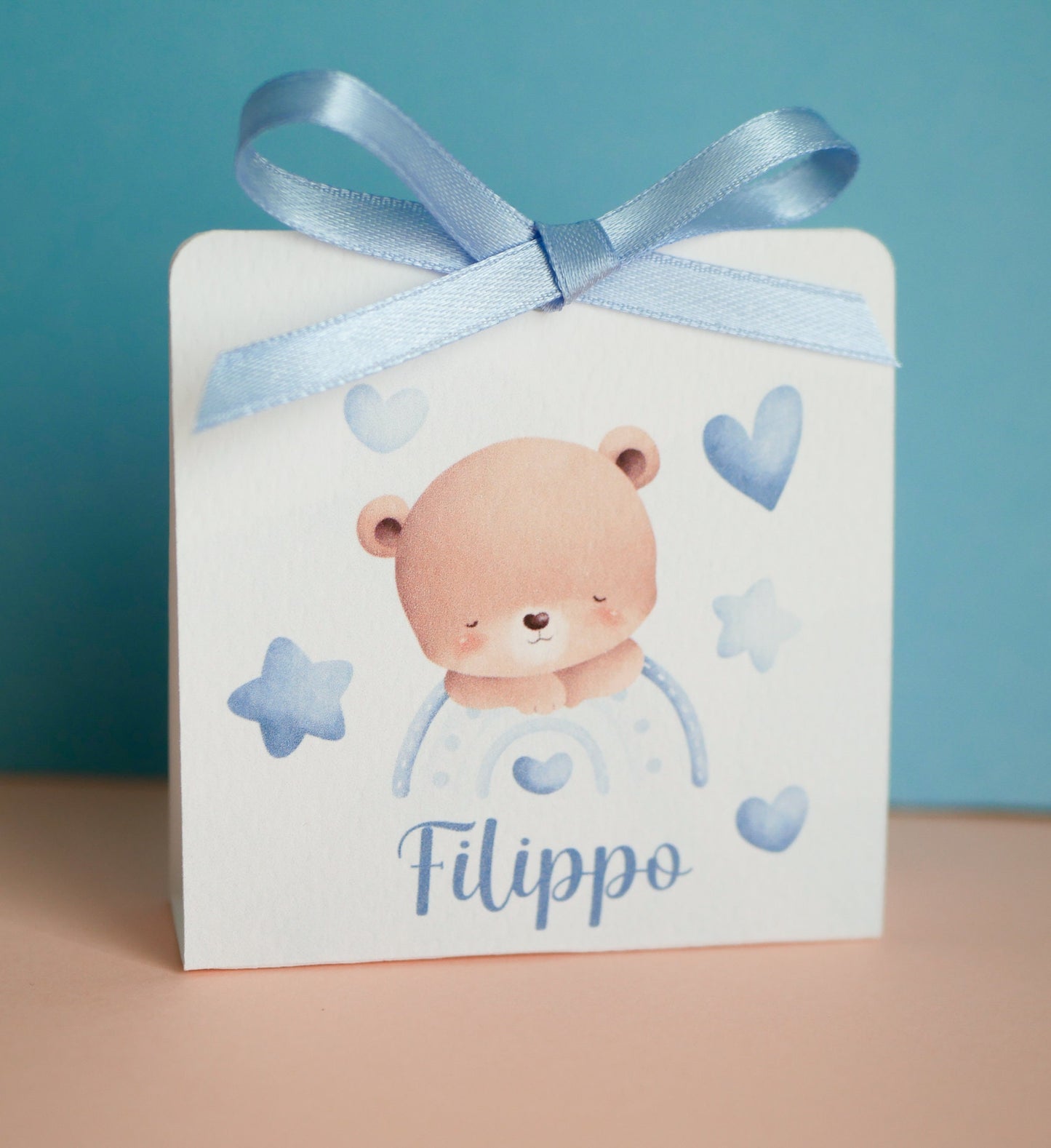 Scatolina battesimo bambina, scatolina porta confetti nascita, bomboniera battesimo bambino con orsetto e orsetta con arcobaleno