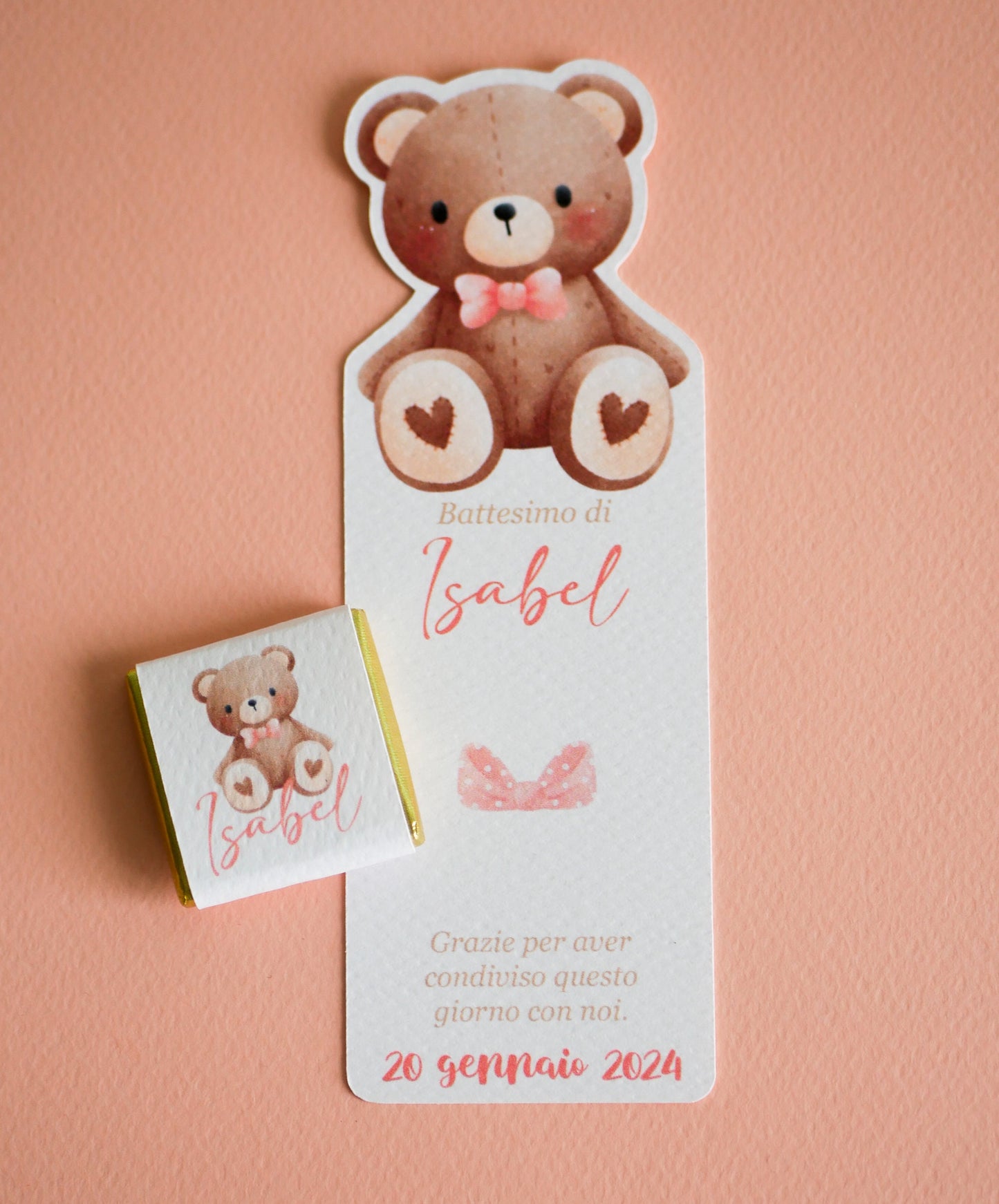 Cioccolatino personalizzato con segnalibro per Battesimo orsetto, segnaposto nascita, tavola compleanno, orsetto carino con fiocco rosa