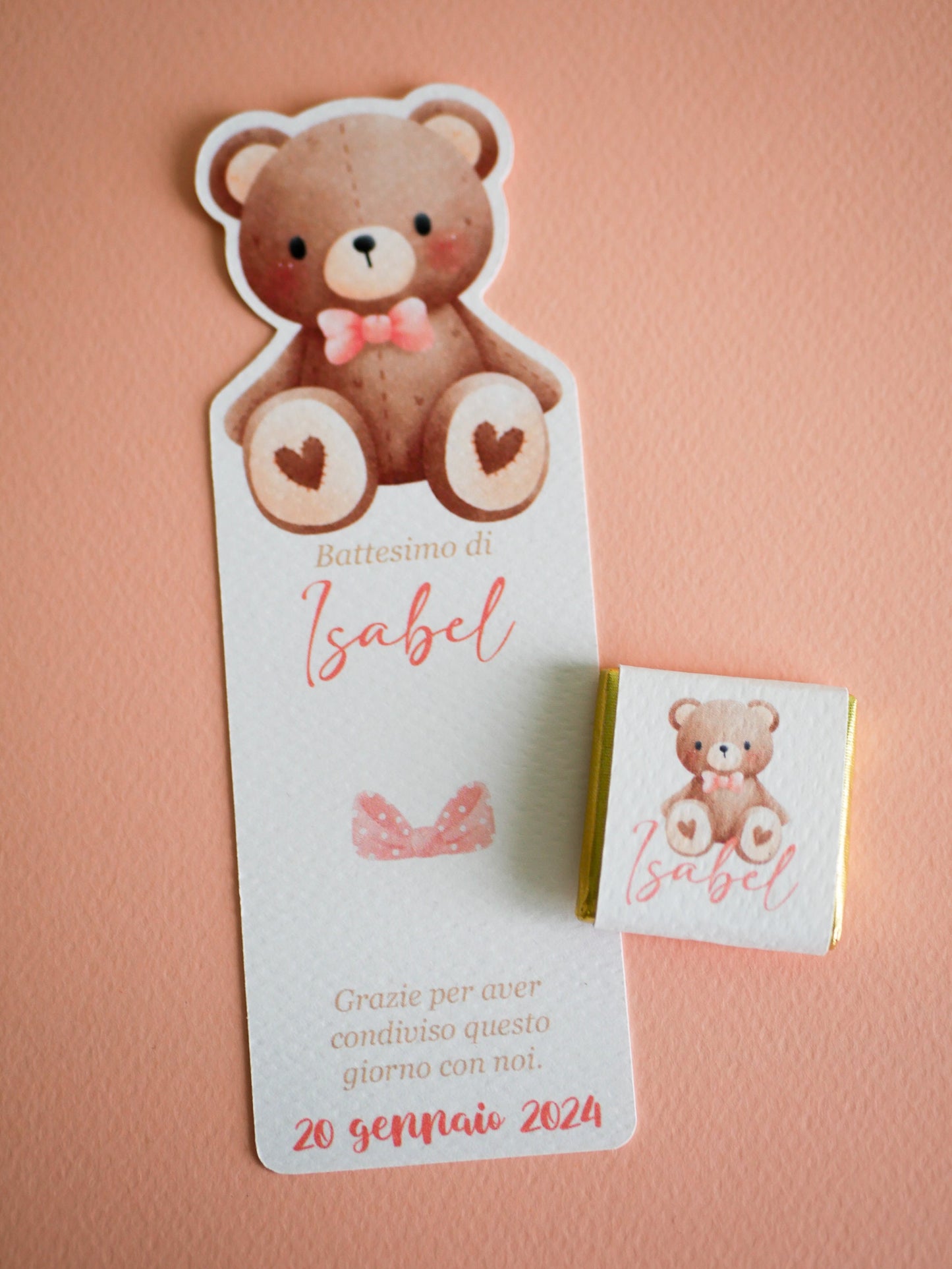 Cioccolatino personalizzato con segnalibro per Battesimo orsetto, segnaposto nascita, tavola compleanno, orsetto carino con fiocco rosa