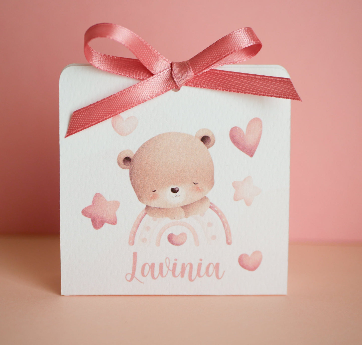 Scatolina battesimo bambina, scatolina porta confetti nascita, bomboniera battesimo bambino con orsetto e orsetta con arcobaleno