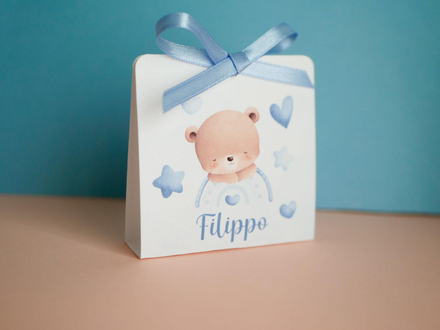 Scatolina battesimo bambina, scatolina porta confetti nascita, bomboniera battesimo bambino con orsetto e orsetta con arcobaleno