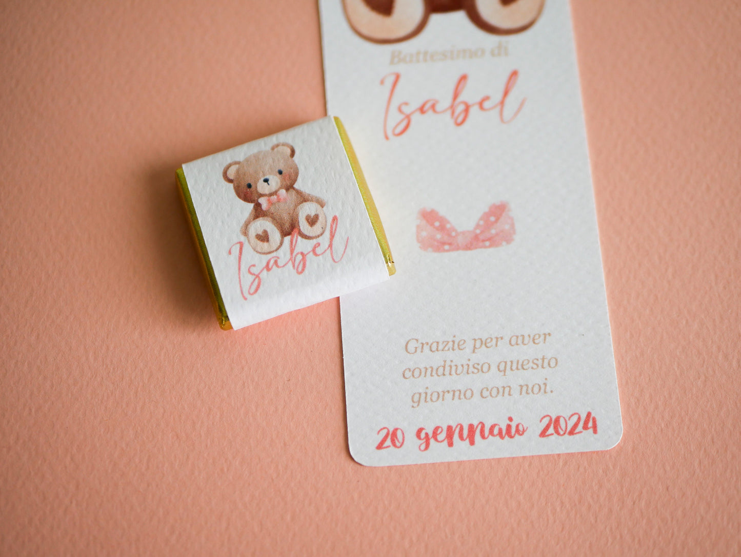 Cioccolatino personalizzato con segnalibro per Battesimo orsetto, segnaposto nascita, tavola compleanno, orsetto carino con fiocco rosa