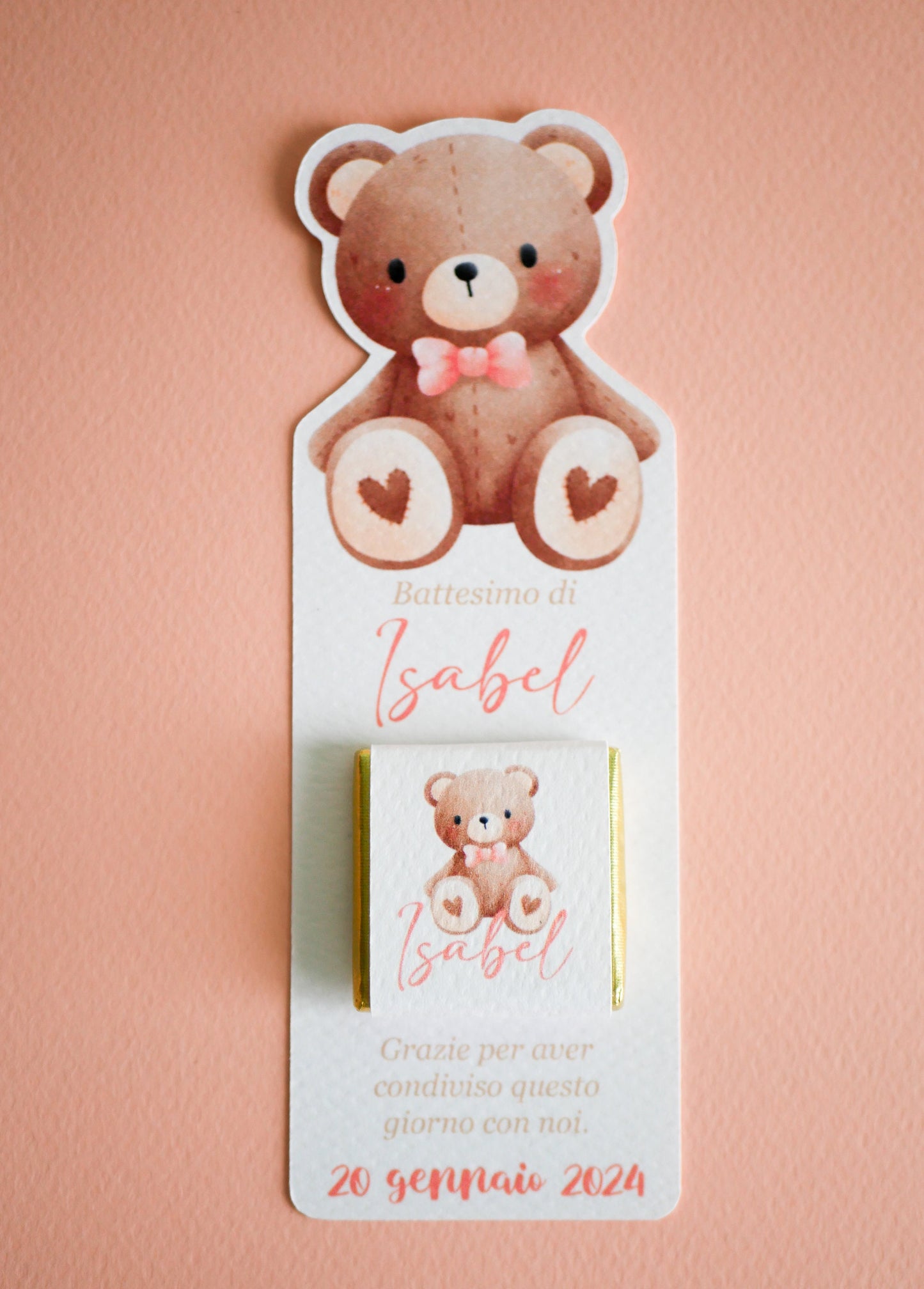 Cioccolatino personalizzato con segnalibro per Battesimo orsetto, segnaposto nascita, tavola compleanno, orsetto carino con fiocco rosa