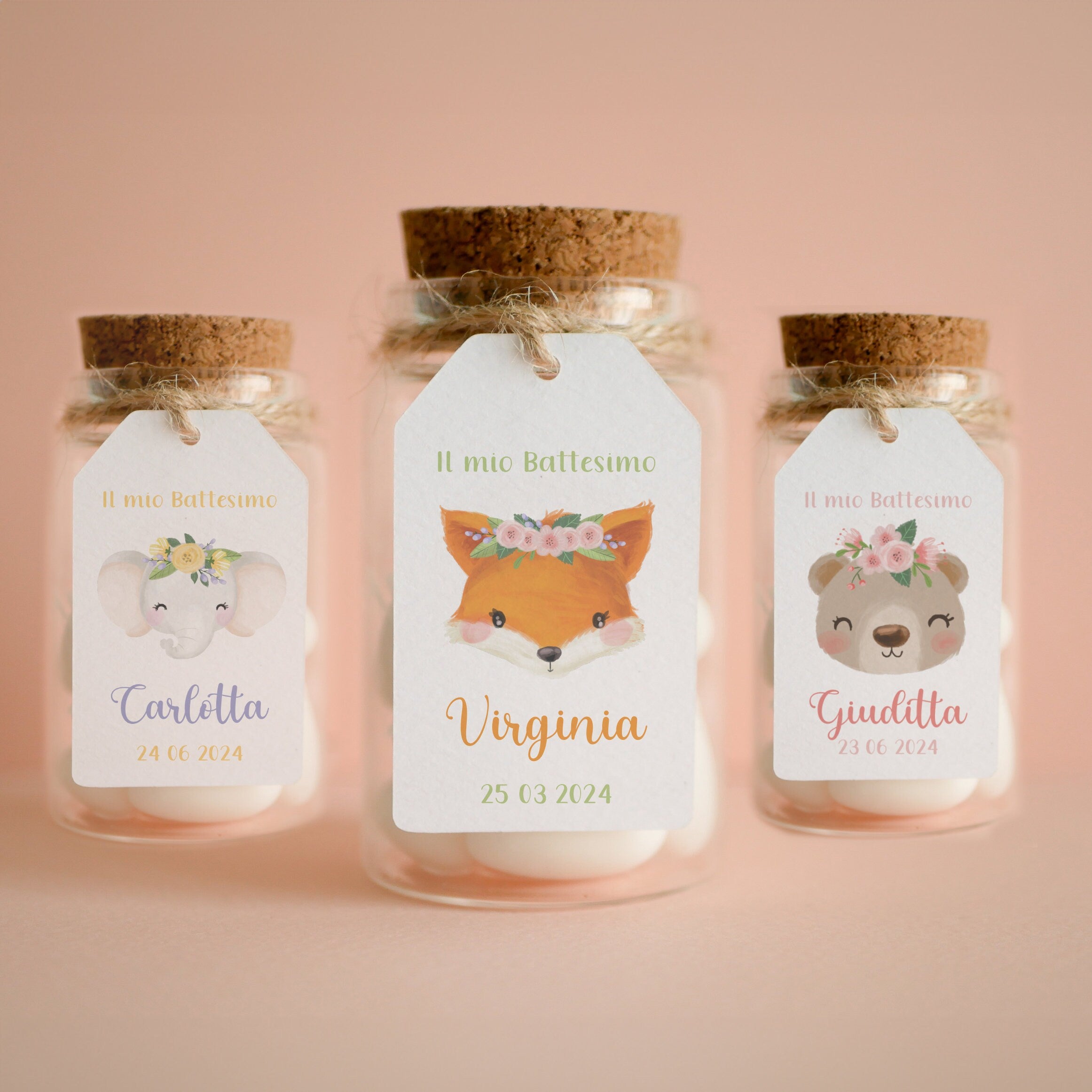 Tag rettangolari Battesimo bambina con animali, segnaposto volpe, segnatavola Comunione elefantino, tag Cresima orso