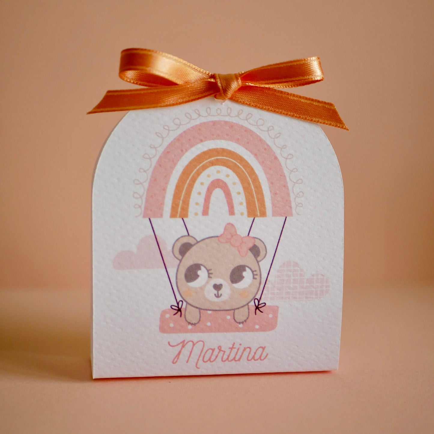 Scatolina battesimo bambina mongolfiera, scatolina porta confetti nascita, bomboniera battesimo bambino con leoncino e orsetta arcobaleno