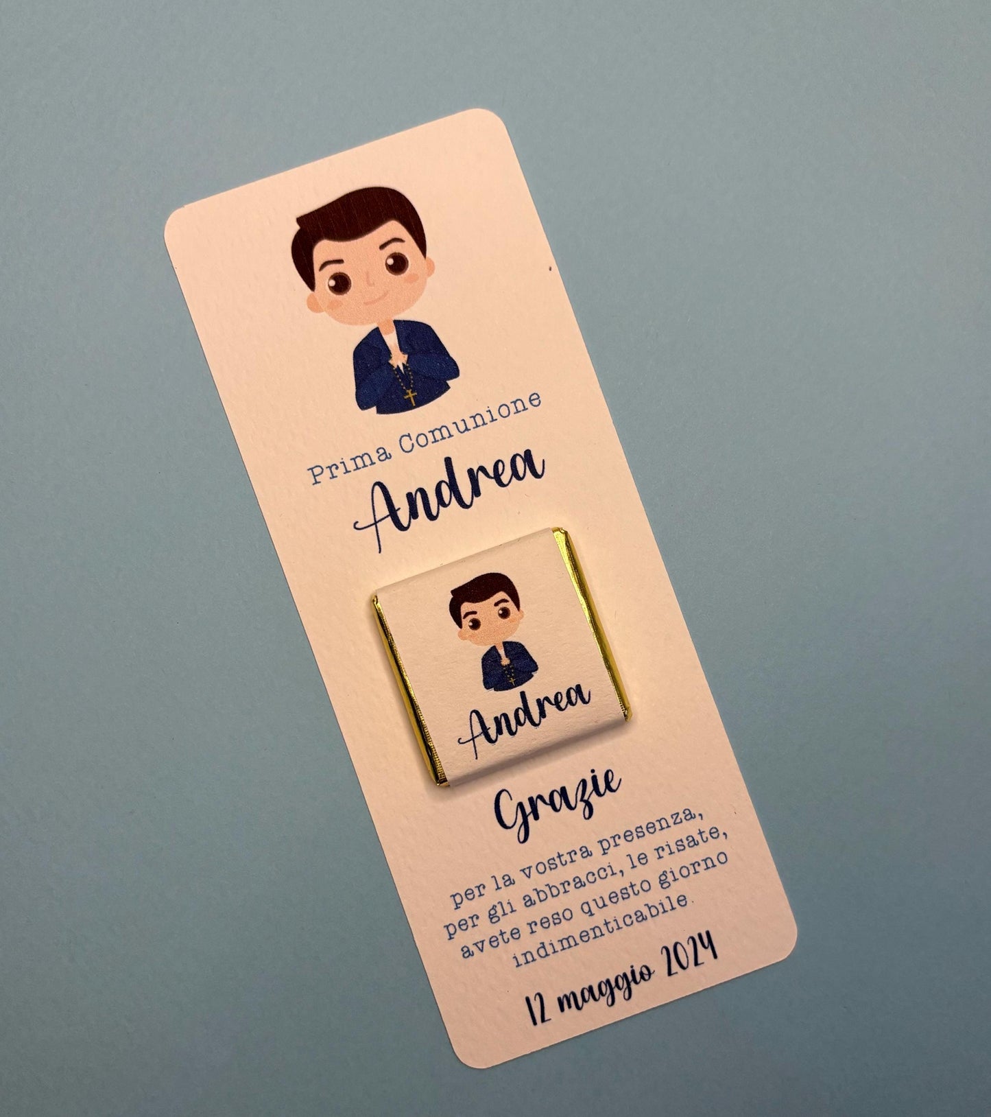 Cioccolatino personalizzato con segnalibro per Prima Comunione con ritratto personalizzato, segnaposto bambina, Cresima bambino