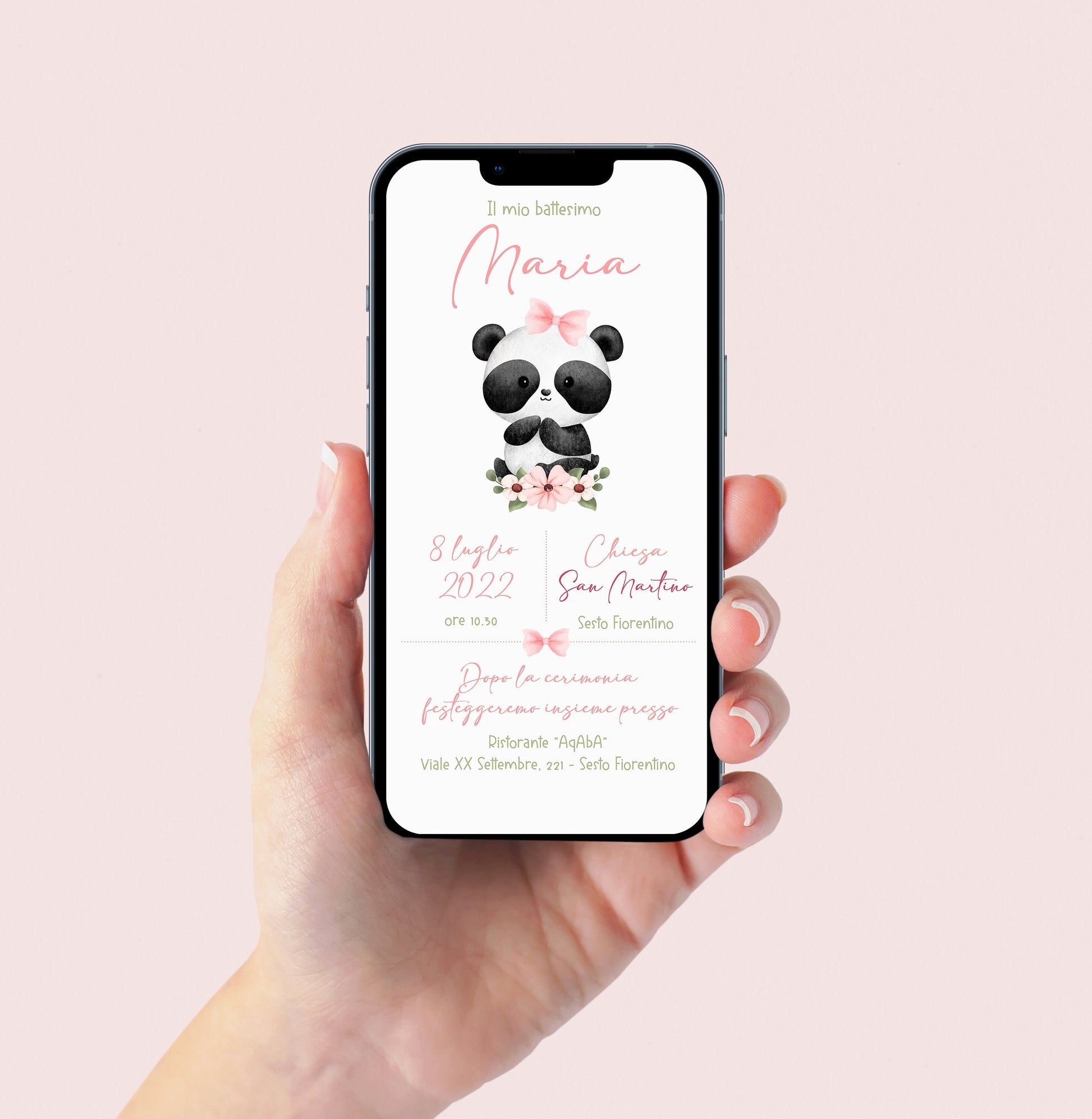 Invito WhatsApp per battesimo con panda, invito battesimo bambina, invito digitale e-mail e per tutti i social
