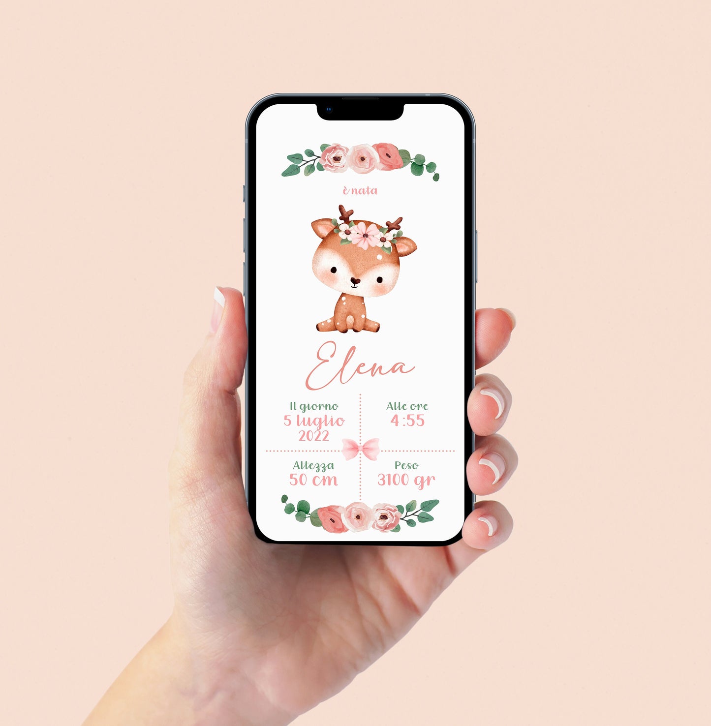 Annuncio nascita bambina WhatsApp con cerbiatto, nascita bambina, invito digitale e-mail e per tutti i social