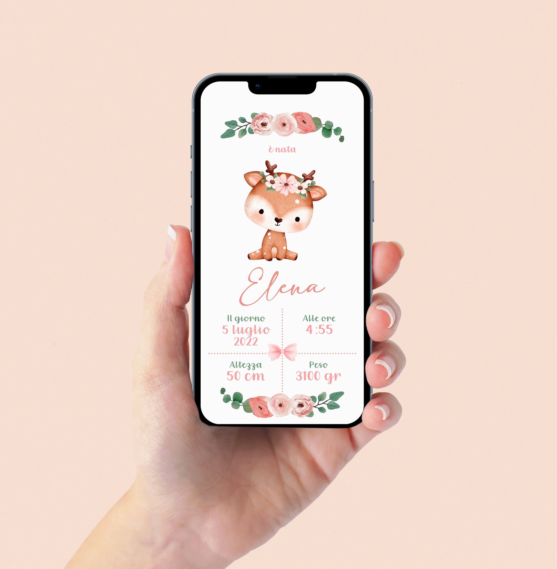 Annuncio nascita bambina WhatsApp con cerbiatto, nascita bambina, invito digitale e-mail e per tutti i social
