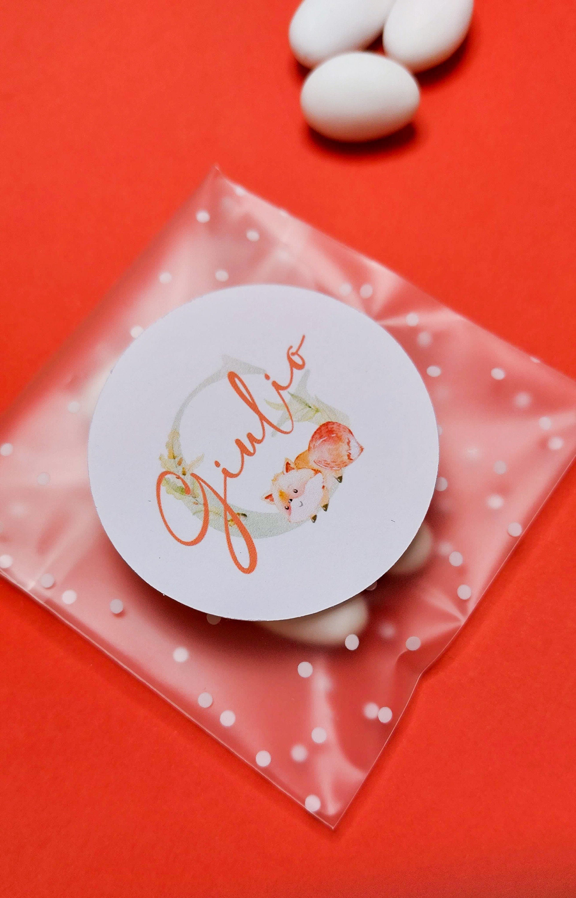 Bustine confetti battesimo con adesivo personalizzato, bomboniera nascita con iniziale e volpe, bomboniera DIY fai da te, regalo ospiti