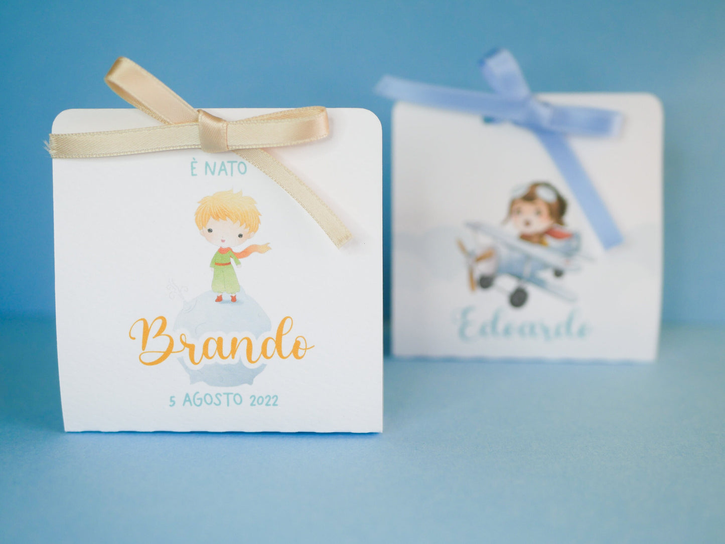 Scatolina battesimo, scatolina porta confetti nascita, bomboniera battesimo bambino con piccolo principe e pilota