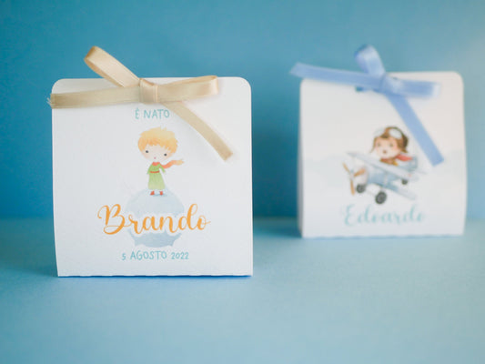 Scatolina battesimo, scatolina porta confetti nascita, bomboniera battesimo bambino con piccolo principe e pilota
