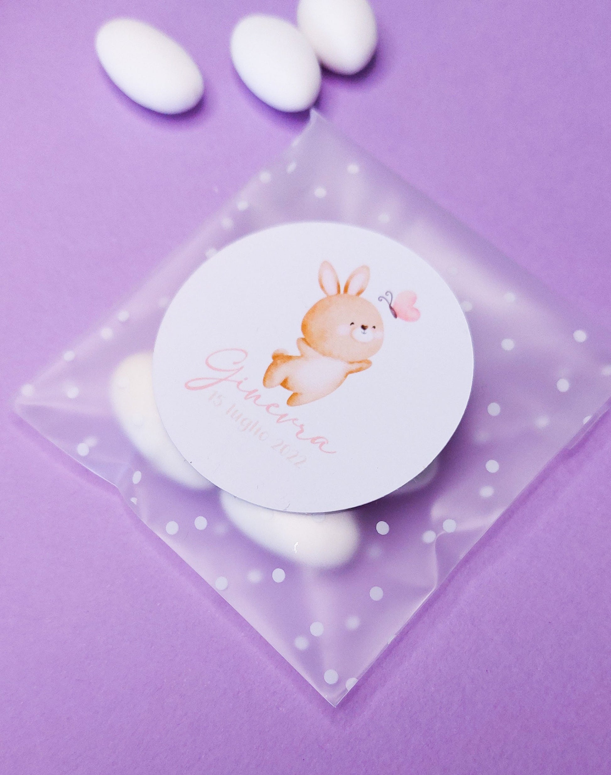 Bustine confetti battesimo con adesivo personalizzato, bomboniera nascita bambina con coniglietto, bomboniera DIY fai da te, regalo ospiti