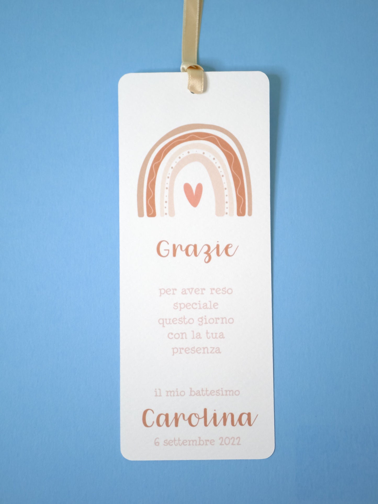 Segnalibro Battesimo con arcobaleno, segnaposto arcobaleno, segnaposto tavola Comunione, segnalibro Cresima, omaggio in stile boho