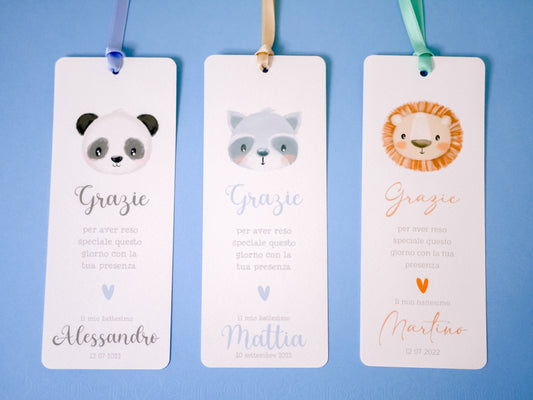 Segnalibro Battesimo bambino con animali, segnaposto panda, segnaposto tavola Comunione leone, segnalibro Cresima procione