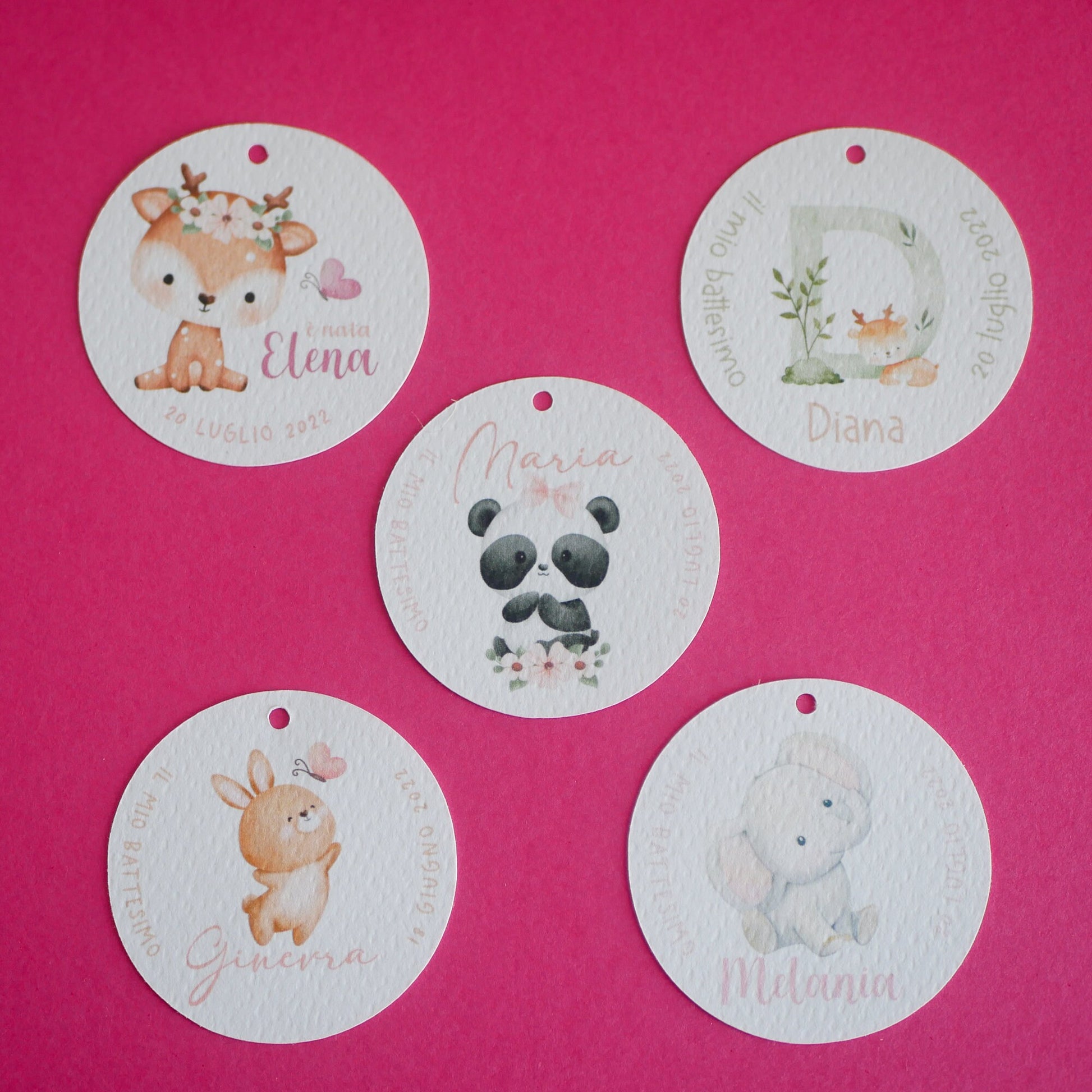 Tag tondi Battesimo bambina con animali, segnaposto volpe, segnaposto tavola Comunione elefantino, tag Cresima coniglietto