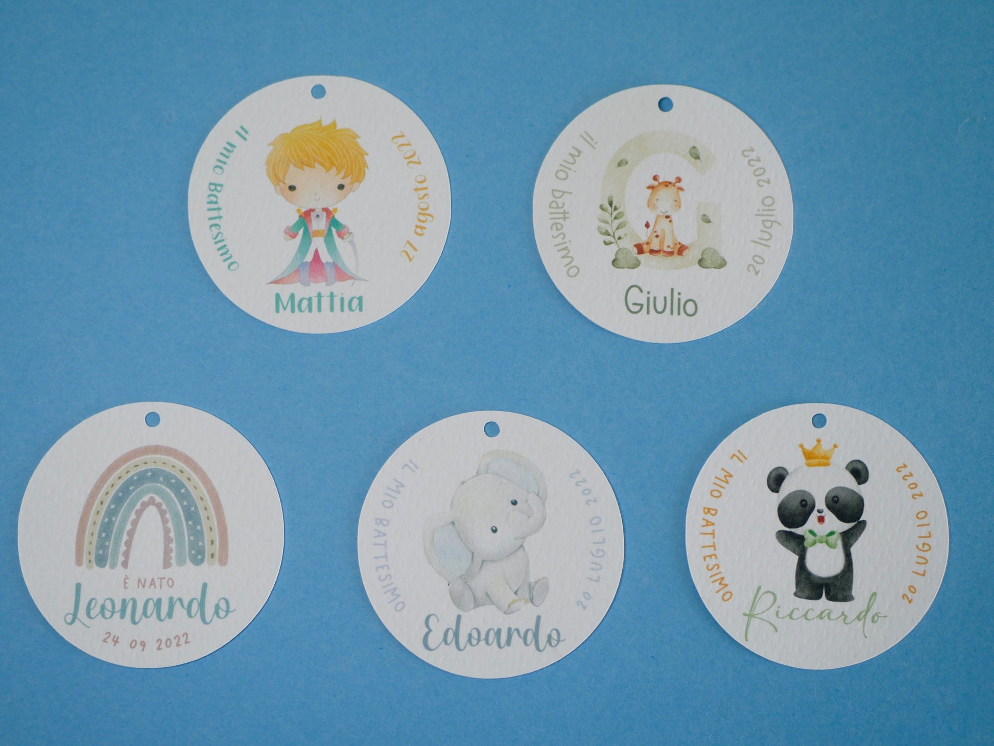 Tag tondi Battesimo bambino con piccolo principe, tag con animali, bomboniera Comunione elefantino, tag Cresima giraffa