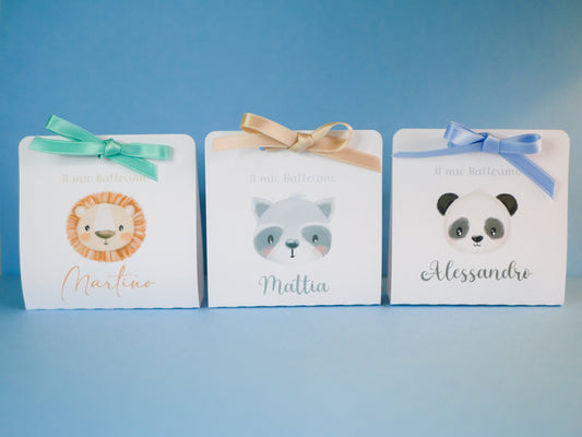 Scatolina battesimo, scatolina porta confetti nascita, bomboniera battesimo bambino con animali del bosco