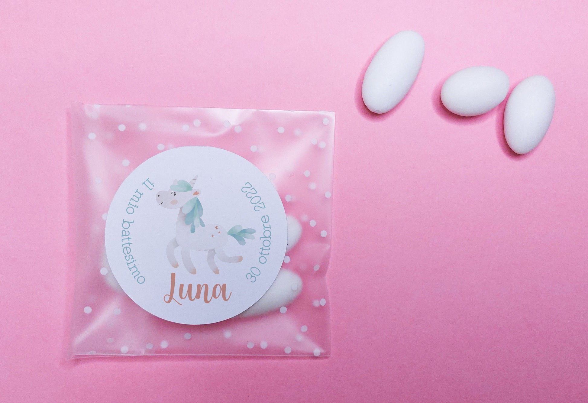 Bustine confetti battesimo con adesivo personalizzato, bomboniera nascita bambino arcobaleno pastello, bomboniera bambina Unicorno fai da te