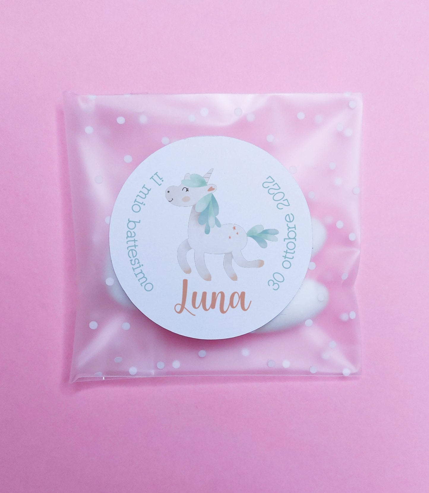 Bustine confetti battesimo con adesivo personalizzato, bomboniera nascita bambino arcobaleno pastello, bomboniera bambina Unicorno fai da te