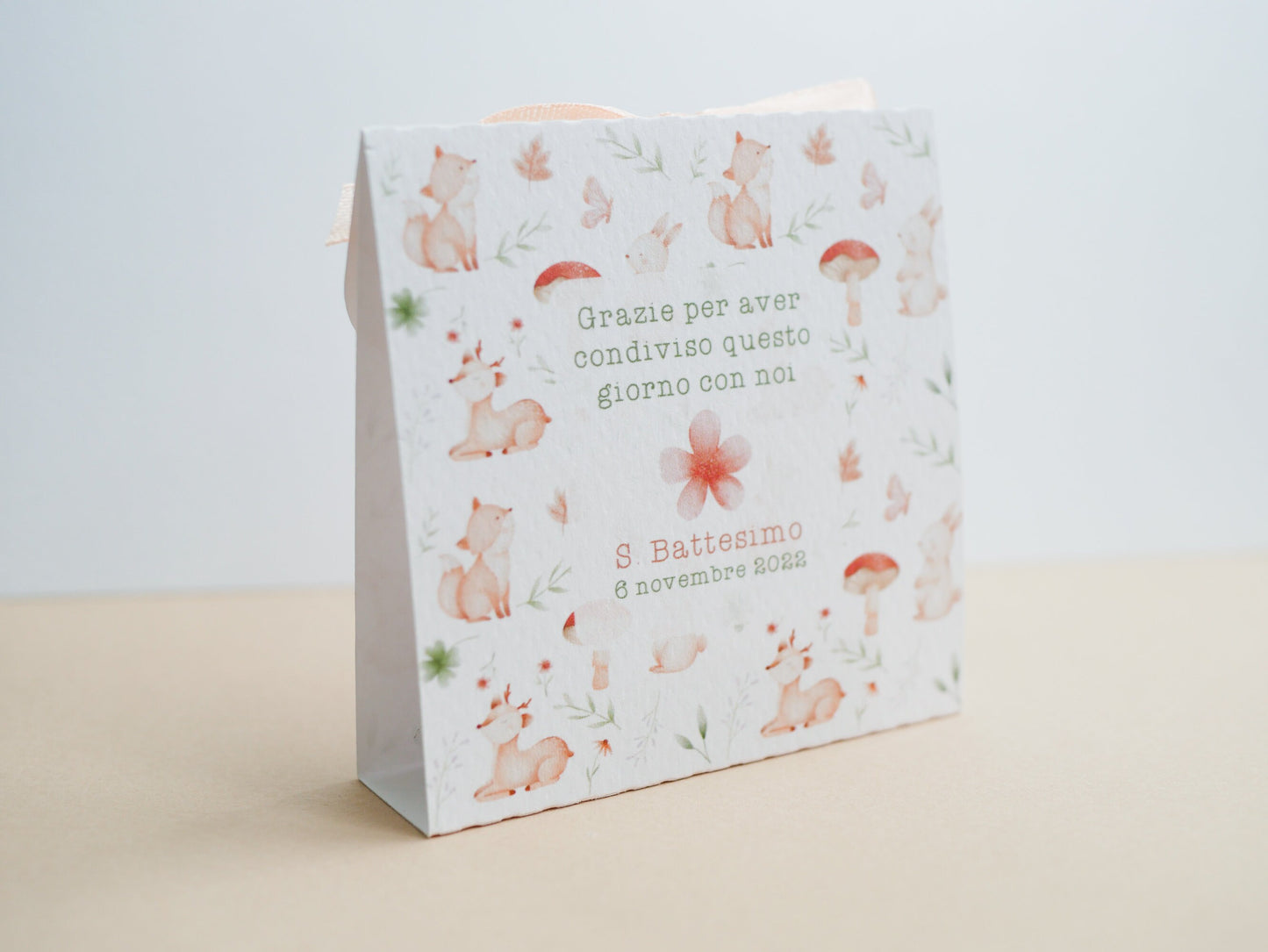 Scatolina battesimo animali del bosco, scatolina porta confetti nascita, bomboniera battesimo stile boho greenery