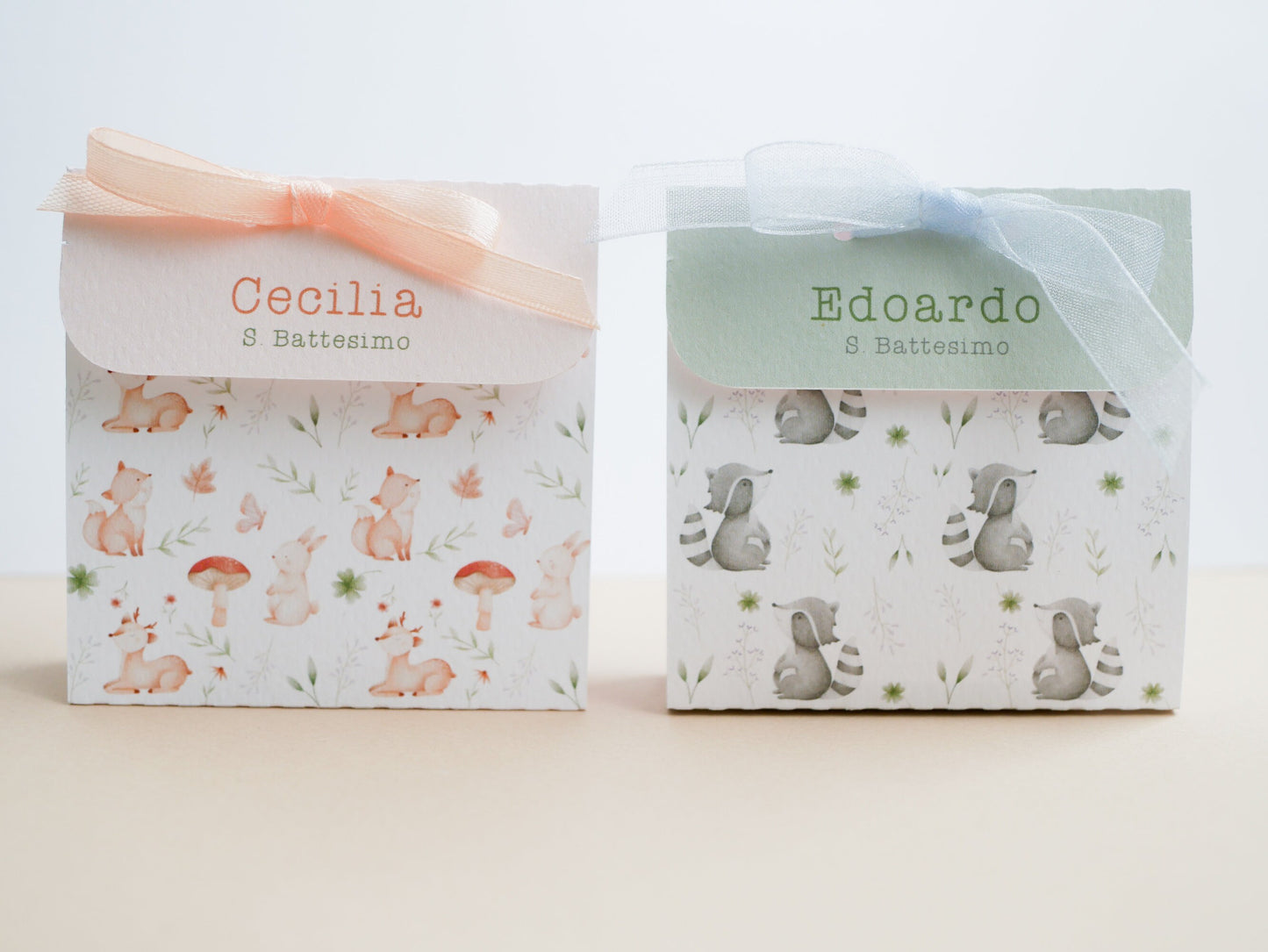 Scatolina battesimo animali del bosco, scatolina porta confetti nascita, bomboniera battesimo stile boho greenery