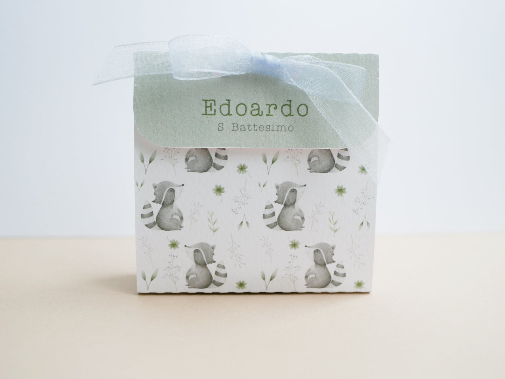 Scatolina battesimo animali del bosco, scatolina porta confetti nascita, bomboniera battesimo stile boho greenery