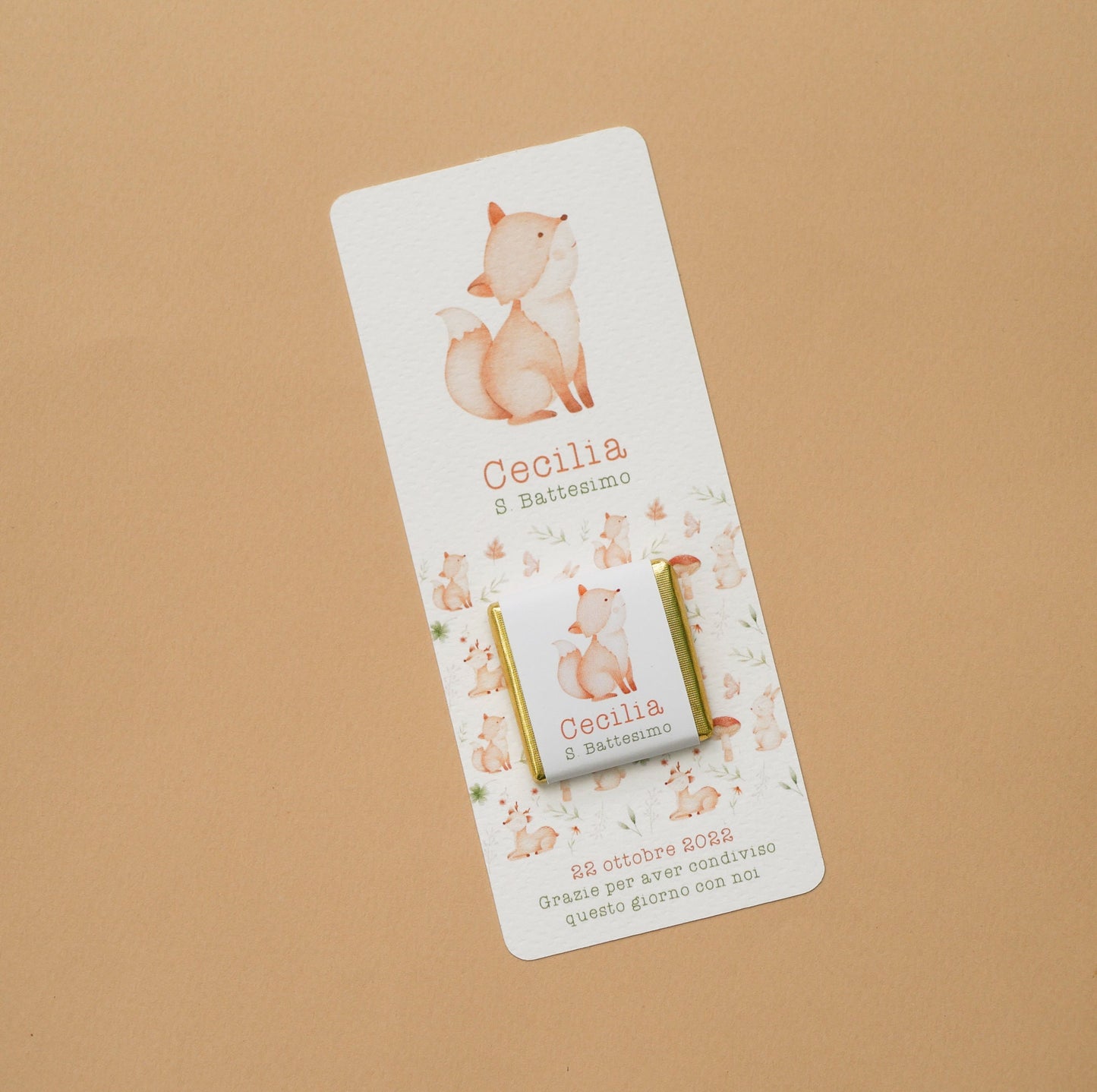 Cioccolatino personalizzato con segnalibro per Battesimo bambino con animali del bosco, segnaposto volpe, tavola Comunione, Cresima procione