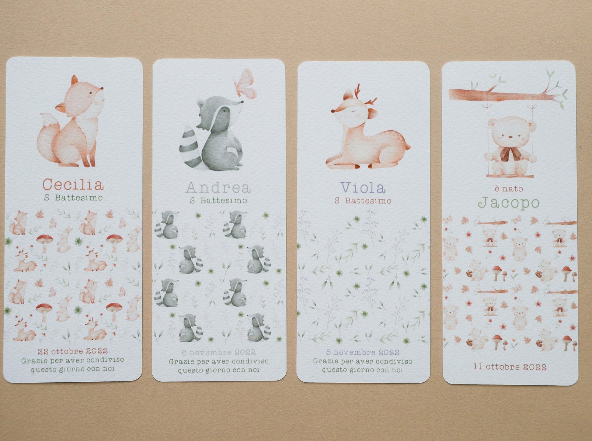 Cioccolatino personalizzato con segnalibro per Battesimo bambino con animali del bosco, segnaposto volpe, tavola Comunione, Cresima procione