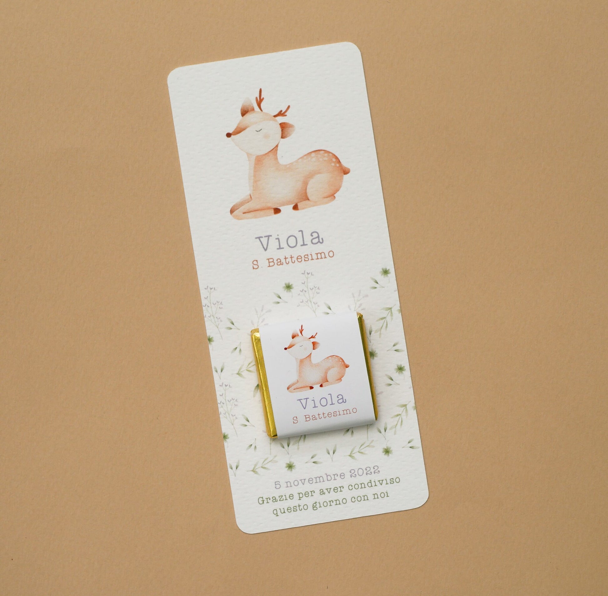 Cioccolatino personalizzato con segnalibro per Battesimo bambino con animali del bosco, segnaposto volpe, tavola Comunione, Cresima procione