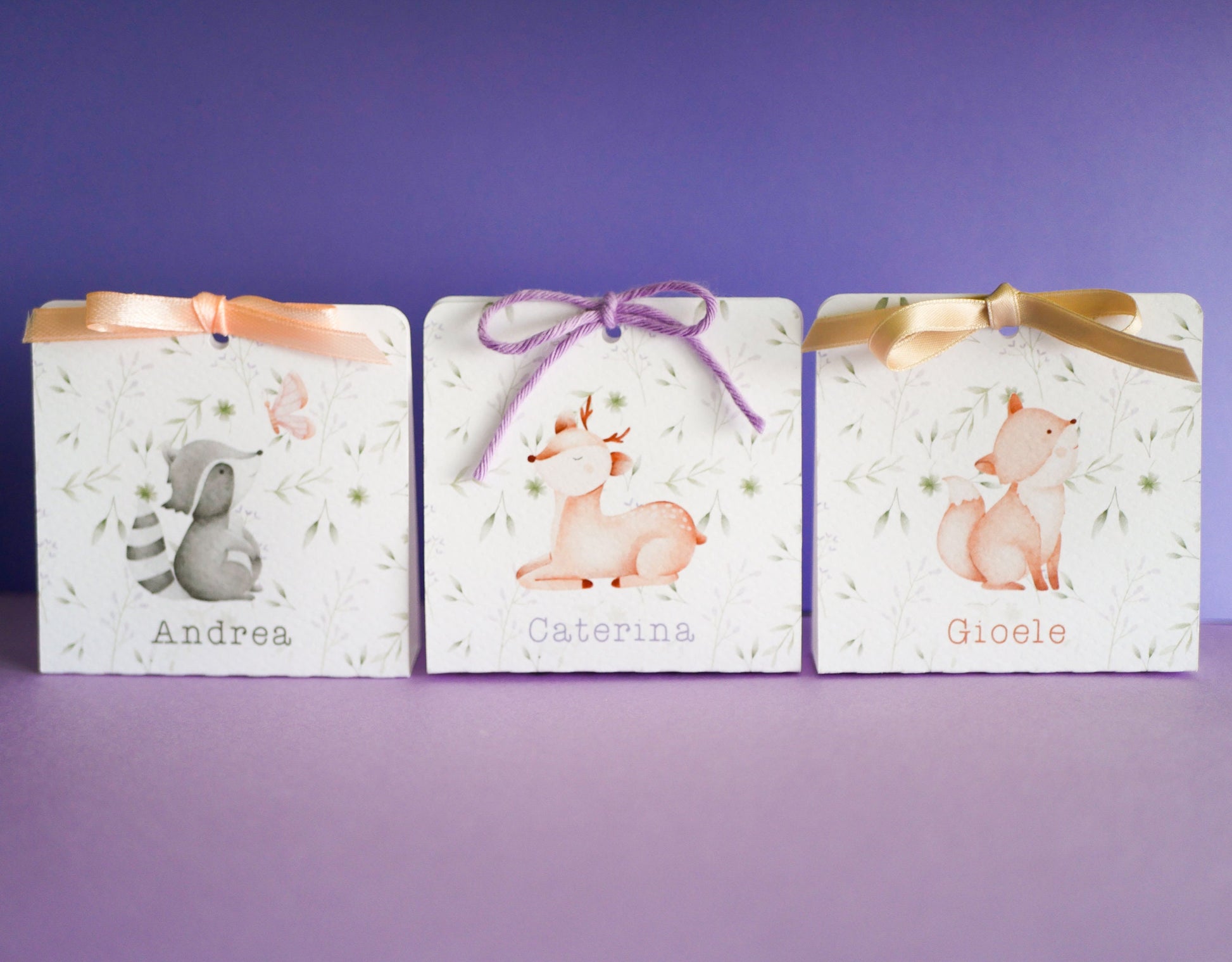 Scatolina battesimo bambina, scatolina porta confetti nascita, bomboniera battesimo bambino con animali del bosco e pattern greenery