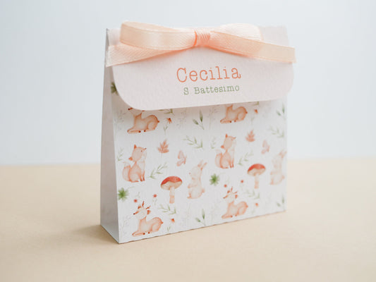 Scatolina battesimo animali del bosco, scatolina porta confetti nascita, bomboniera battesimo stile boho greenery