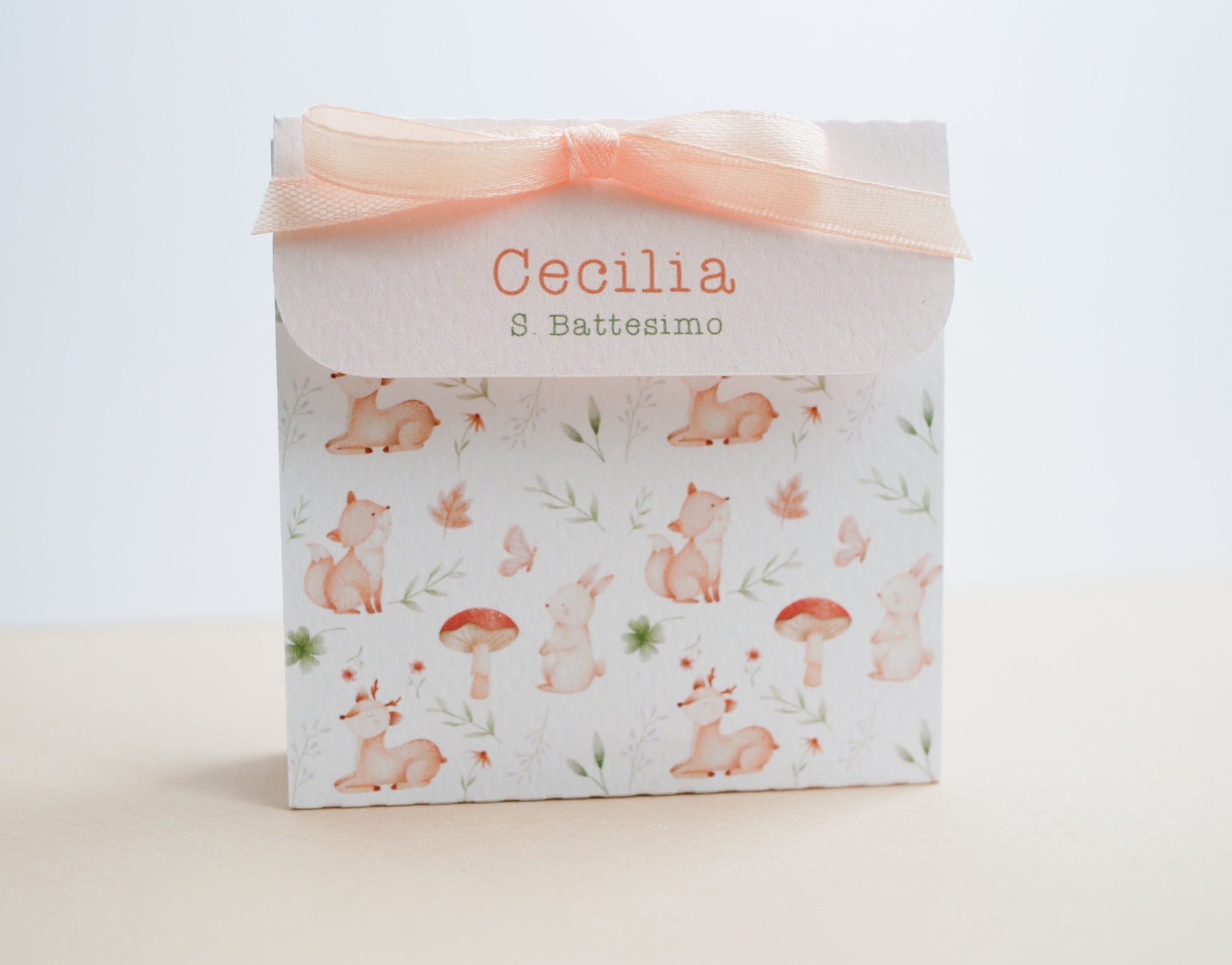 Scatolina battesimo animali del bosco, scatolina porta confetti nascita, bomboniera battesimo stile boho greenery