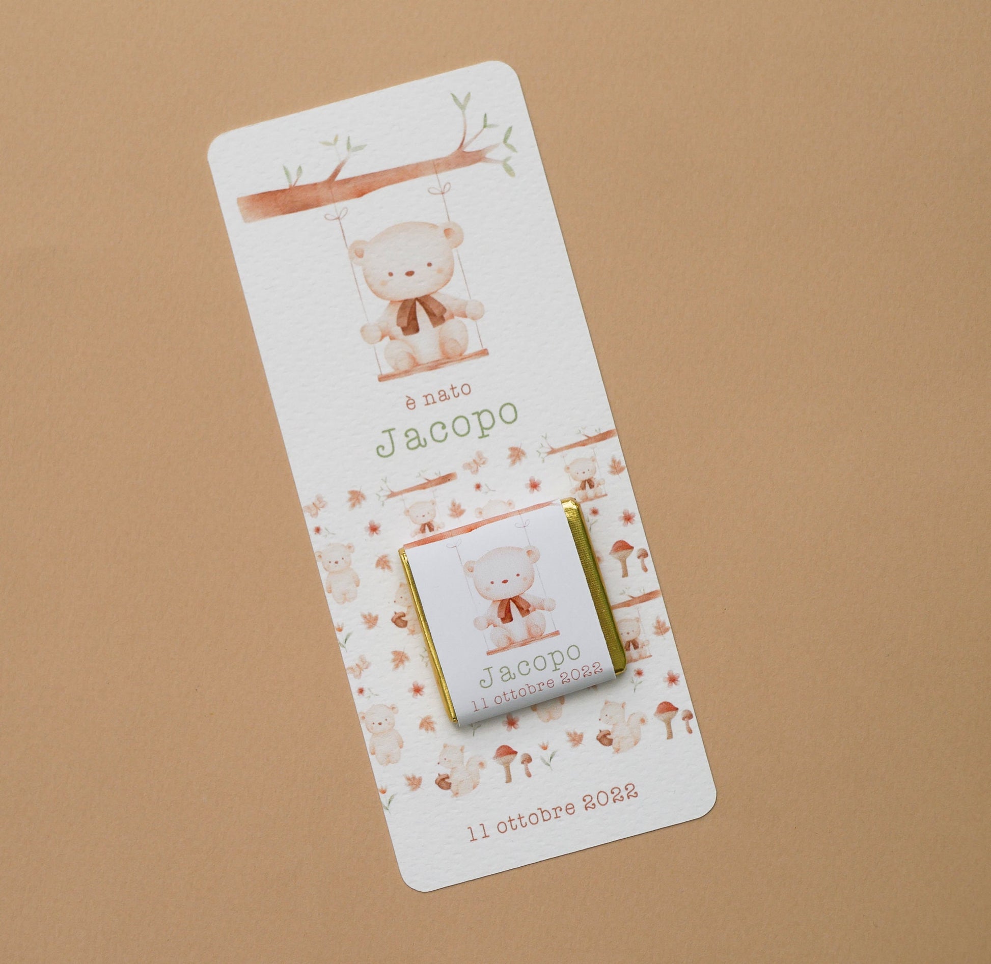 Cioccolatino personalizzato con segnalibro per Battesimo bambino con animali del bosco, segnaposto volpe, tavola Comunione, Cresima procione