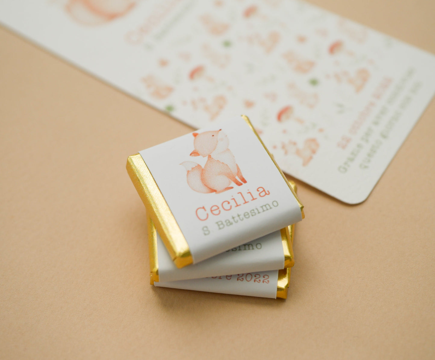 Cioccolatino personalizzato con segnalibro per Battesimo bambino con animali del bosco, segnaposto volpe, tavola Comunione, Cresima procione